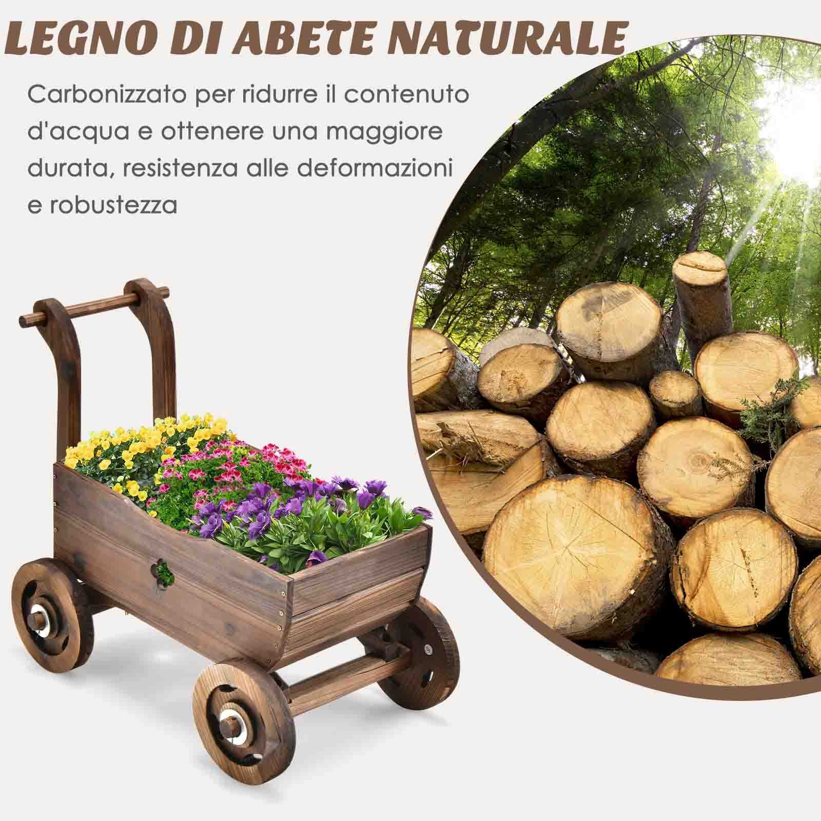 COSTWAY Fioriera da Esterno in Legno a Forma di Carrello | Carriola Portafiori da Interno ed Esterno con 4 Ruote, Maniglia e Foro di Drenaggio, per Patio, Giardino e Balcone