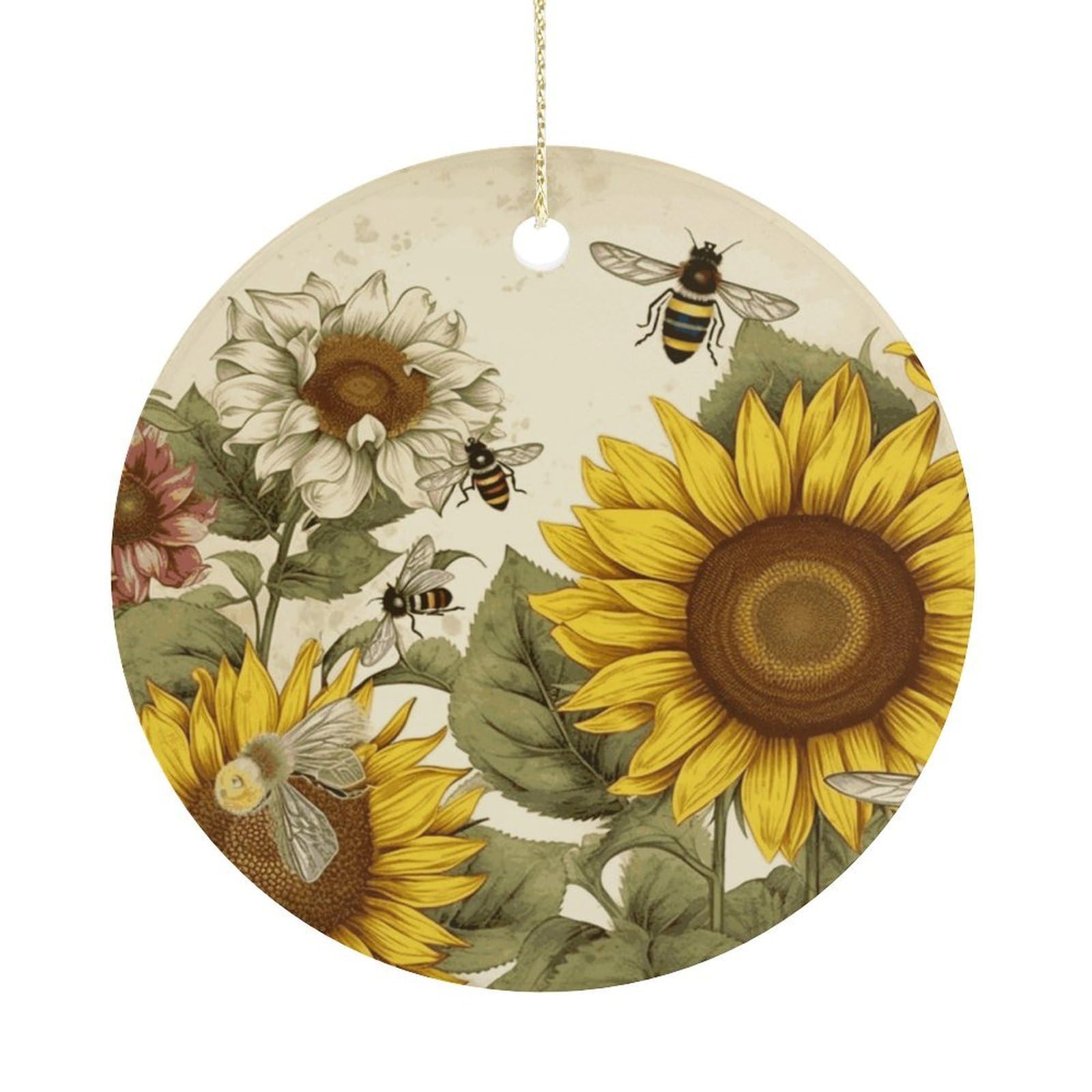 Bees Sunflowers Daisy Rose Flowers Christmas Ornaments Colorful Round Ceramic Ornament Christmas Hanging Decor Christmas Tree Decorations Xmas Keepsake for Women Men Xmas Holiday Party