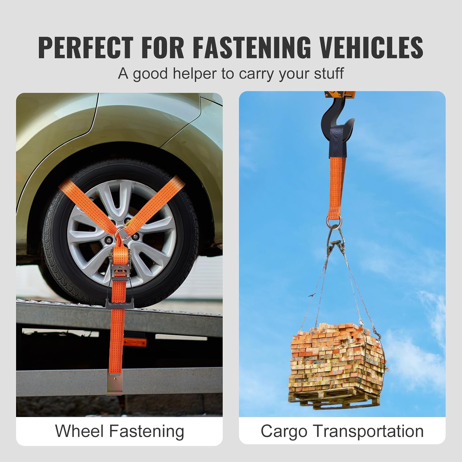 VEVOR Car Tie Down Straps Kit, Lasso Style 2" x 120" Tire Straps, 5512 LBS Working Load, 11023 LBS Breaking Strength, with Flat Hooks for Passenger Car, ATV, Motorcycle, Van, SUV, UTV, Trailer, 4-Pack