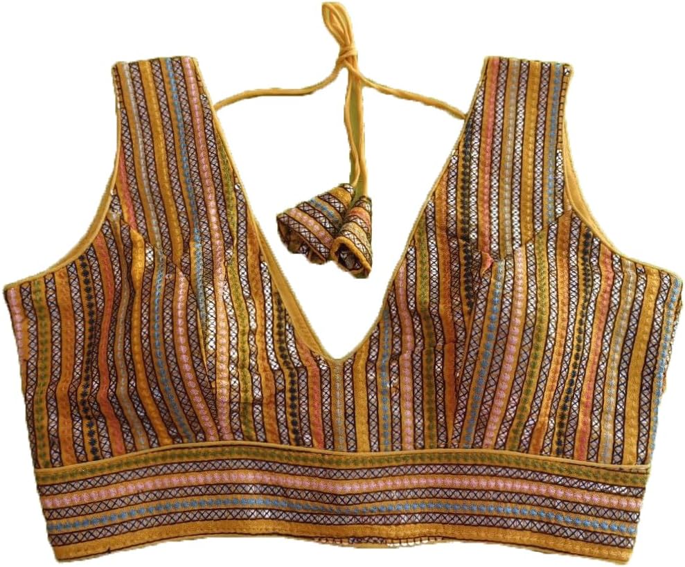 Vihu FashionWomen's Sleeveless Readymade sabyasachi Pattern V Neck Blouse Embroidery Work with Sequence Blouse Indian Ethnic wear Readymade Saree Blouse for Lehenga Choli stylis