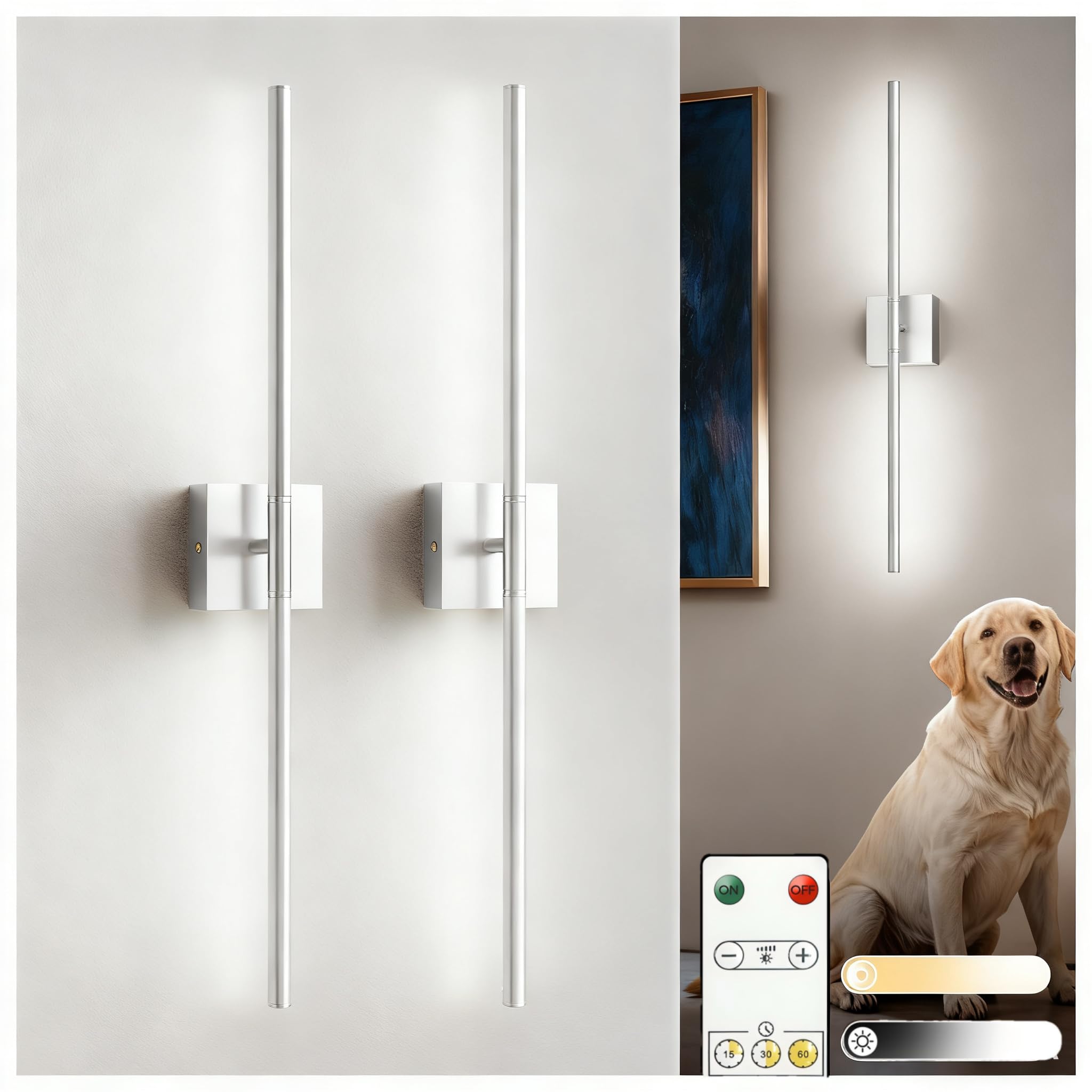 L LOHAS LED Battery Operated Wall Sconces Set of 2, Battery Wall Sconce 10000mAh, Nickel Rechargeable Sconces 6000K, 28.3 Inch Wireless Wall Lights, Sconce Wall Decor for Bedroom, Living Room