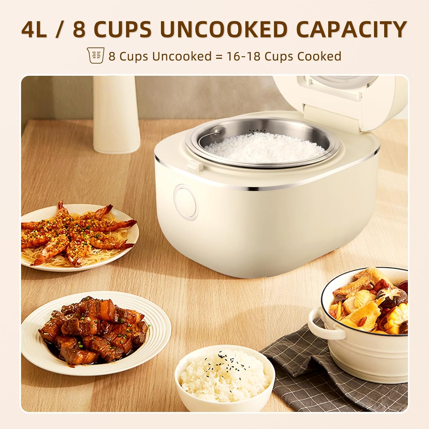 Rice Cooker 4L Low Carb with Nonstick Stainless Steel Inner Pot, 8-Cup LED Display Rice Maker, 24-Hr Delay Timer & 8-Hr Keep for White Rice/Porridge