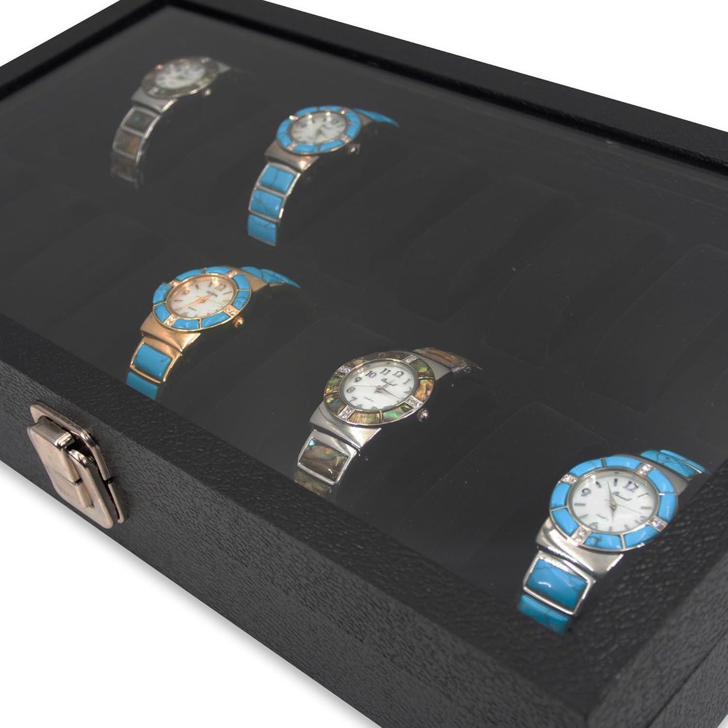 888 Display USA - 18 Watch Black Velvet Jewelry Case with Glass Top and Latch