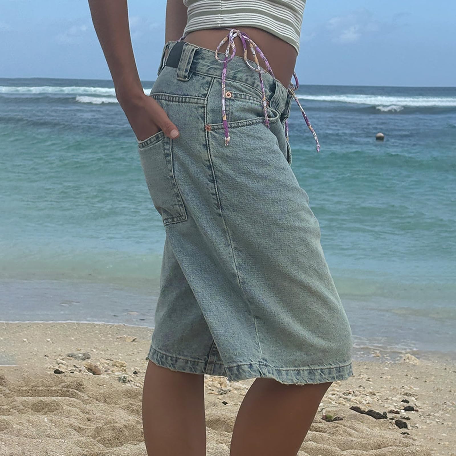 Nicoxijia Y2k Short en jean ample pour femme - Taille basse - Jambe large - Tendance - Décontracté - Pour l'été
