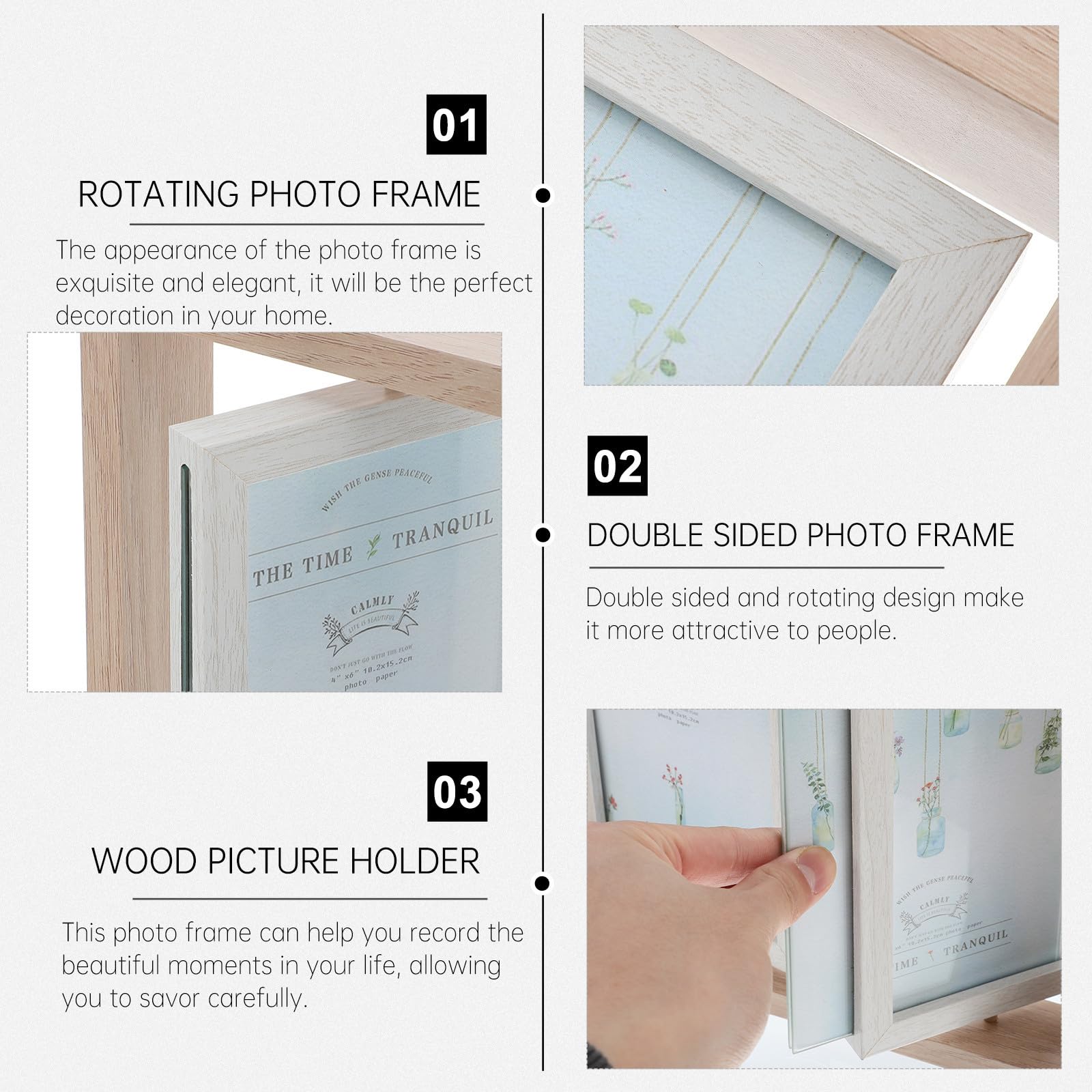 Marco de Fotos Giratorio de Madera Doble Cara de 6 Pulgadas, Diseño Elegante y Creativo para Decoración de Escritorio y Dormitorio