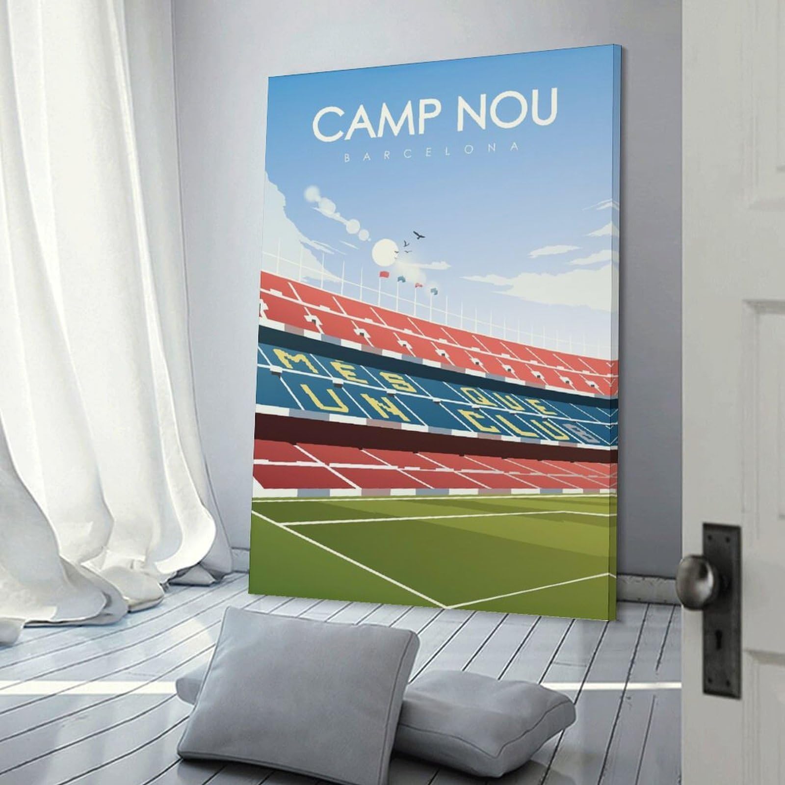 Junmoney Camp Nou Barcelona Illustration Wall Decor Canvas Print, 20x30inch(50x75cm), for Home Lounge, Bedroom Or Reading Nook, Decorative Artwork for Empty Walls