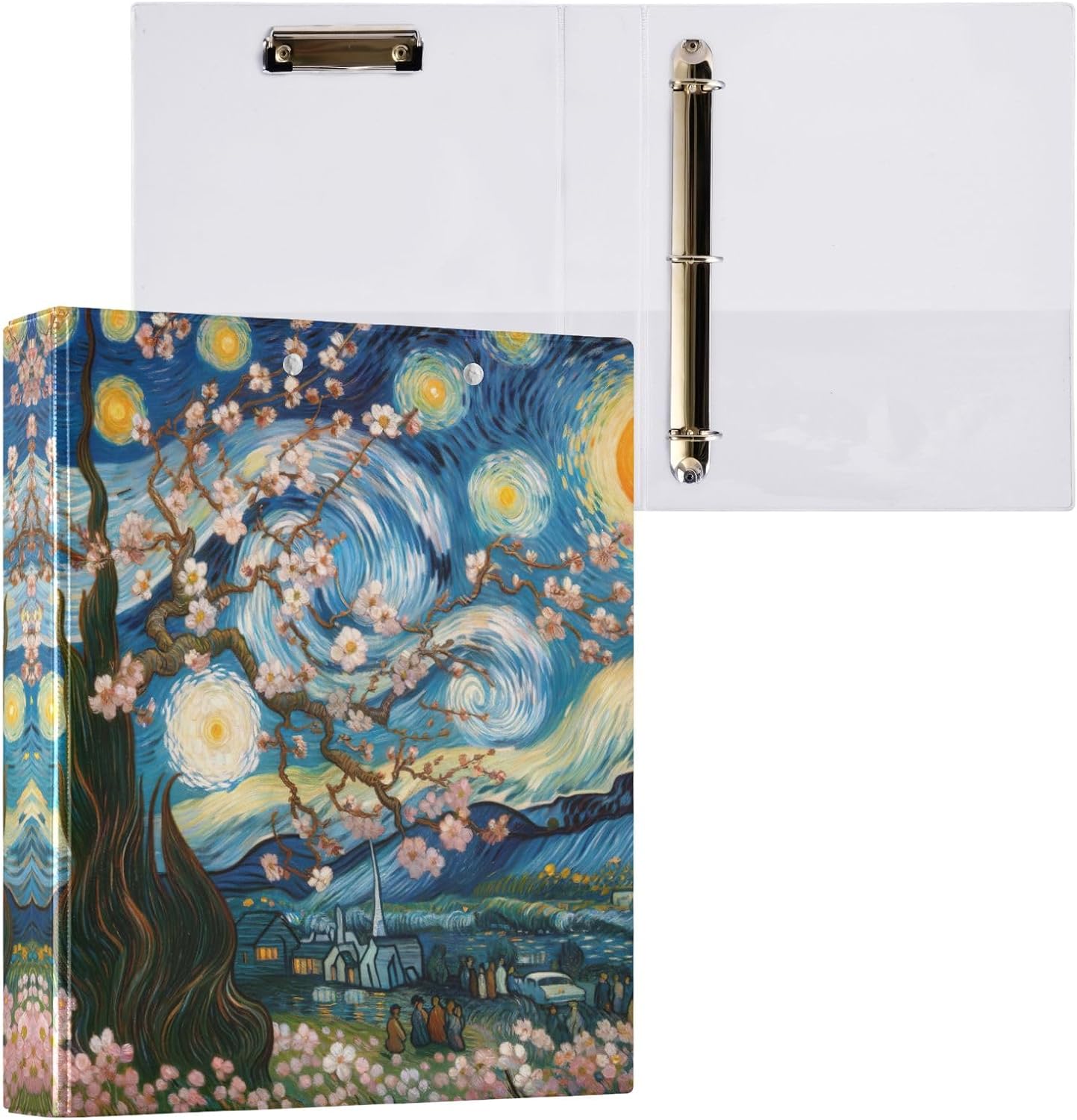 Almond Blossom in Starry Night 1.5 Inch 3 Ring Binder, D Ring Binder Holds 200 Sheets Decorative Cute Binder for School Supplies, 1 Pack