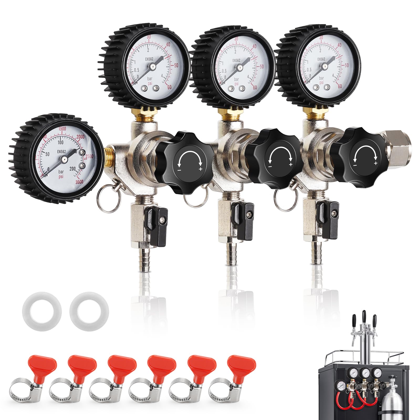 Photo 1 of CO2 Regulator for Triple Tap Kegerator Draft Beer Tower Dispenser, Triple Keg Regulator CO2 Beer Pressure Regulator 0-60psi,CGA-320 CO2 Tank Regulator Gas Regulator 0-3000psi,Kegerator Regulator Gauge