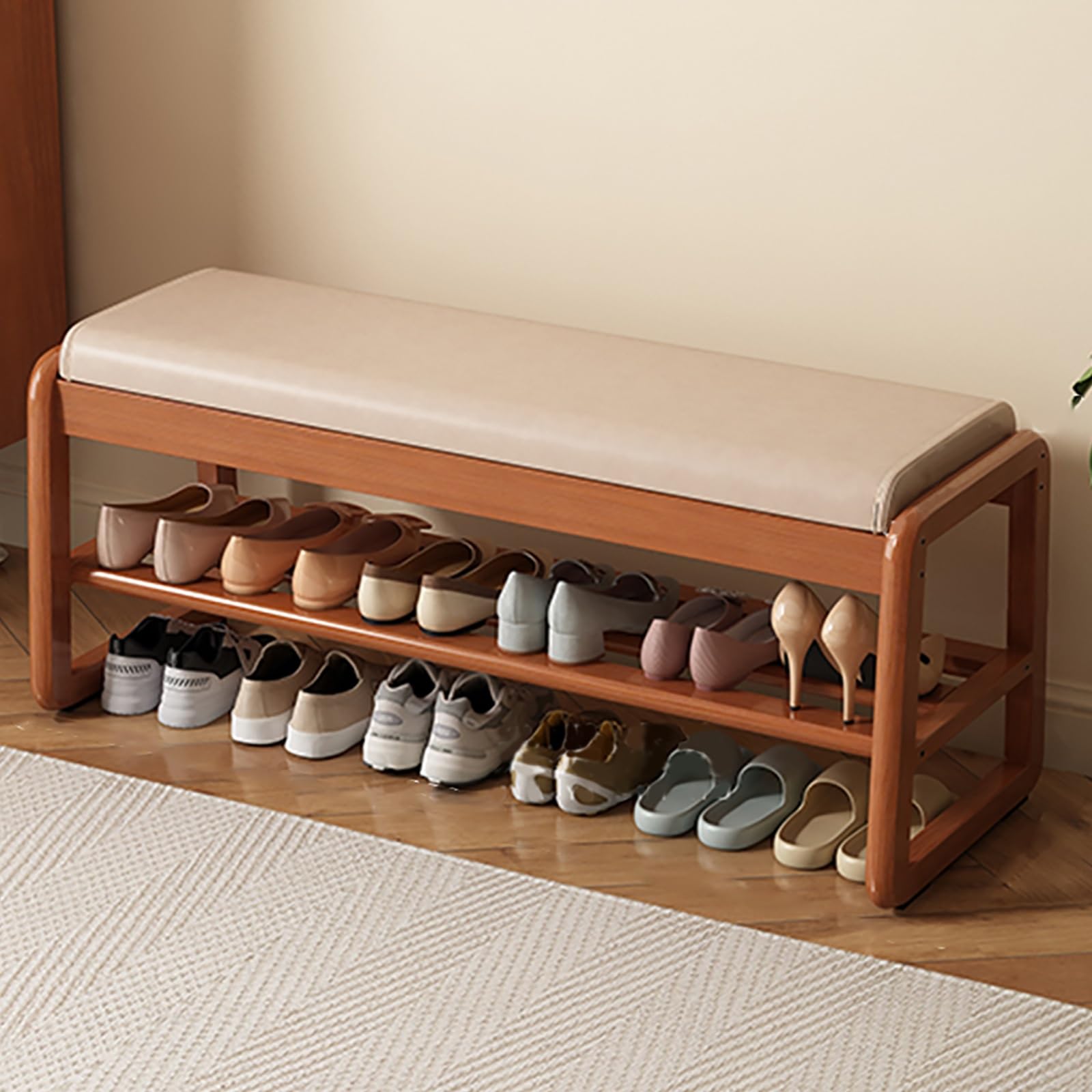 WJFTODAY Modern Rubberwood Shoe Bench with Leather Cushion 2 Tier Entryway Storage Ottoman Narrow Foot Stool for Bedroom Living Room Hallway Stylish Seat