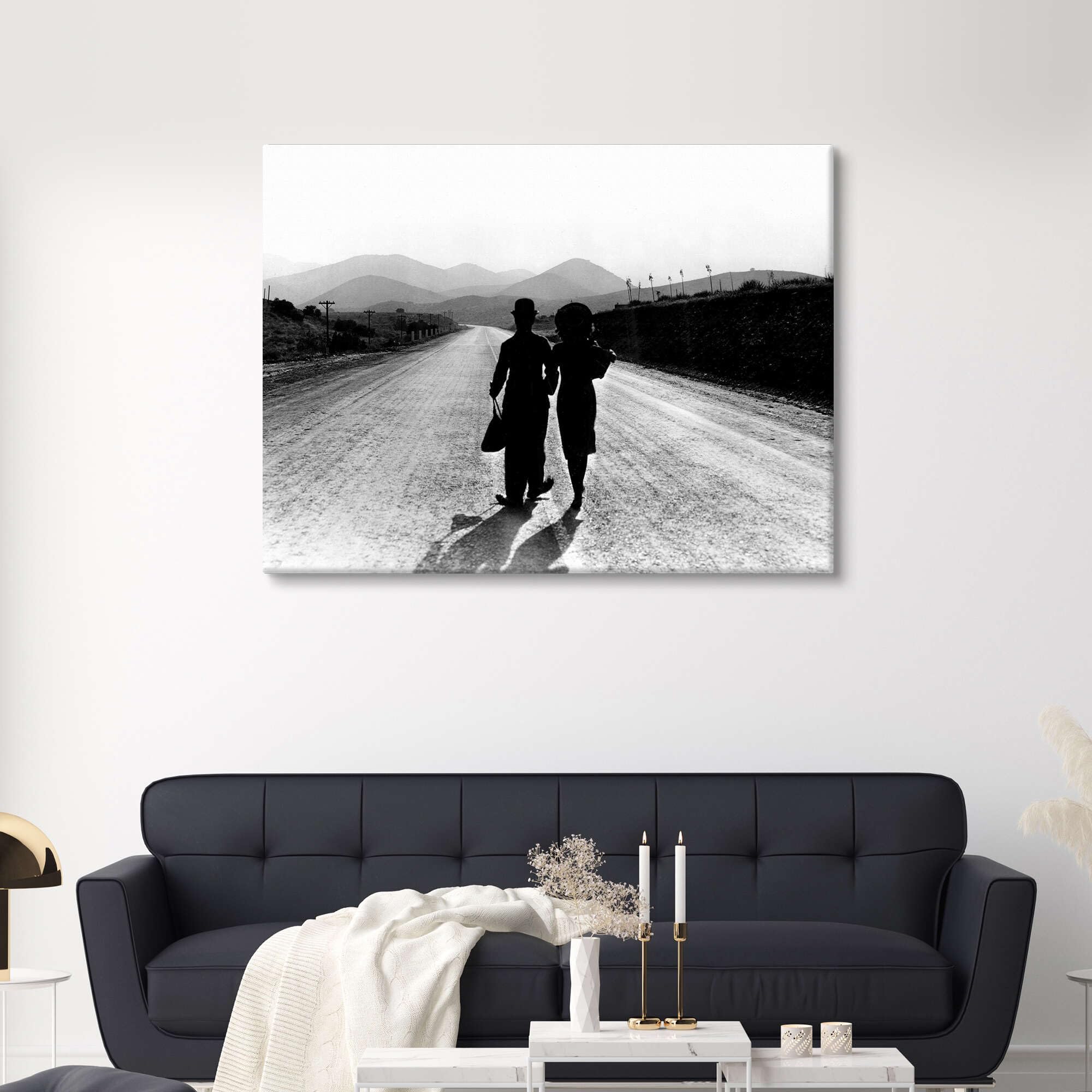 Posterlounge Modern Times, Charlie Chaplin, final scene Stampa su tela | 70 x 50 cm Nero e Bianco Quadri Decorazione per pareti