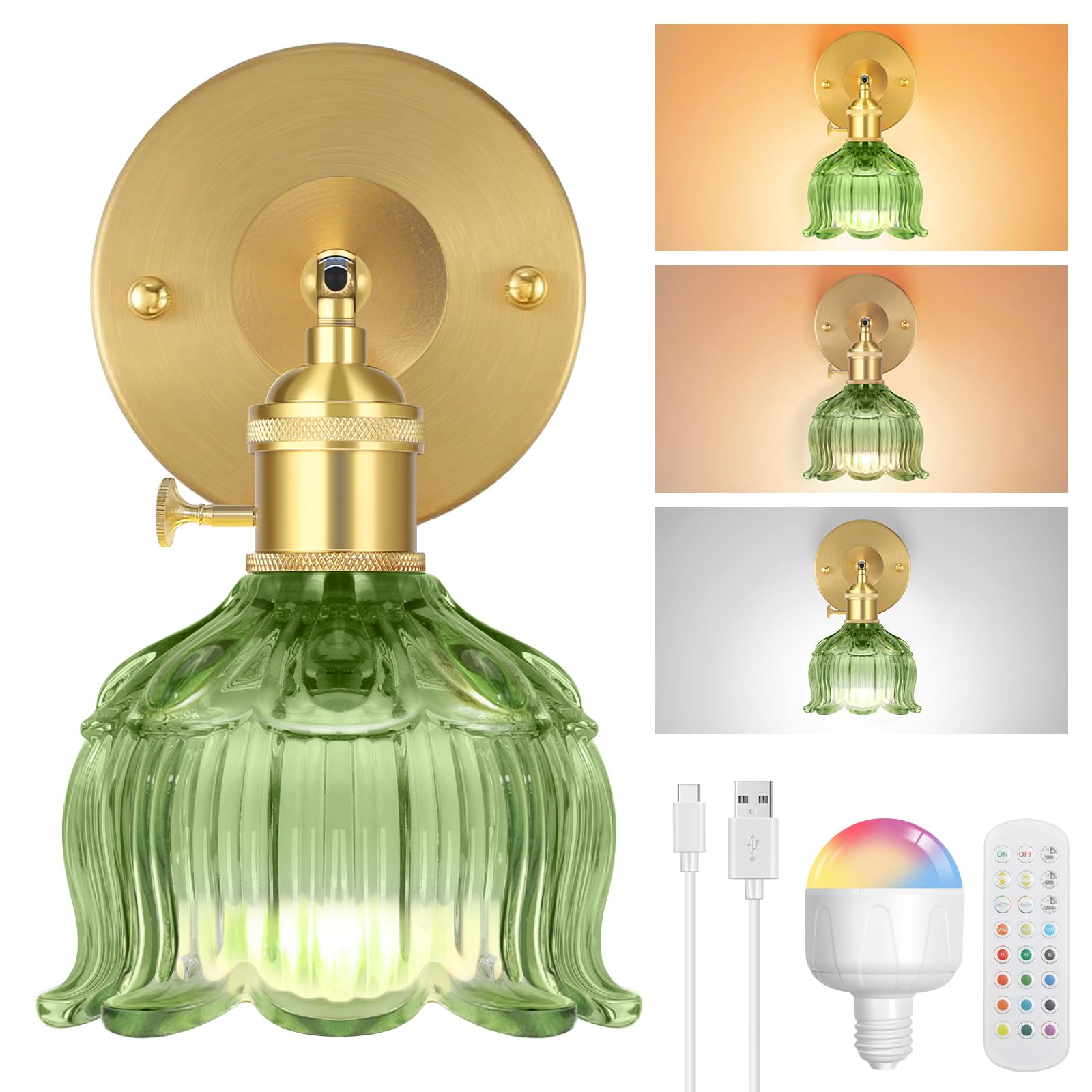 SERBASIC Vintage Battery Operated Wall Lights,Rechargeable Wall Light with Bulbs and Remote,3 Color Temperature&RGB Wireless Wall Sconces for Living Room Bedroom Hallway
