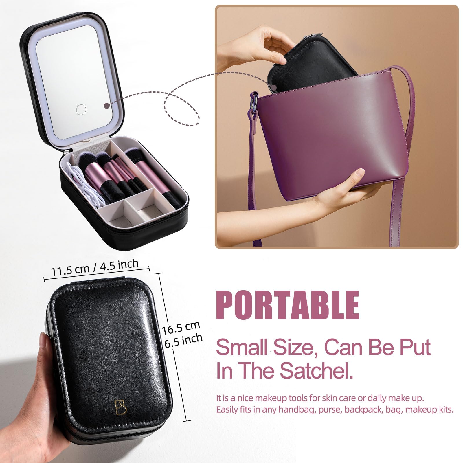 BS-MALL Juego de 14 brochas de maquillaje con espejo de luz LED, herramientas cosméticas de primera calidad para rutinas de belleza impecables (negro)