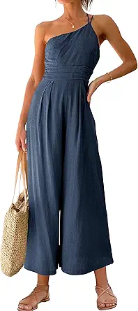ANRABESS Women's Summer Straps One Shoulder Pleated High Waist Casual Wide Leg Jumpsuit Romper with Pockets