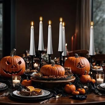 Eldnacele Ghost Halloween Flameless Taper Candles Battery Operated with Remote Timer Set of 2 White LED Flickering Candle Real Wax 3D Wick Long Lasting Spooky Dinner Indoor Decor(0.79 D x 9.5 H)