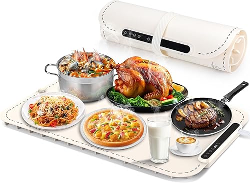 Miniatura 11 de Tapete Calentador de Alimentos, Bandeja Calentadora Eléctrica con 7 Temperaturas Ajustables, Calentador de Alimentos Plegable con Calentamiento