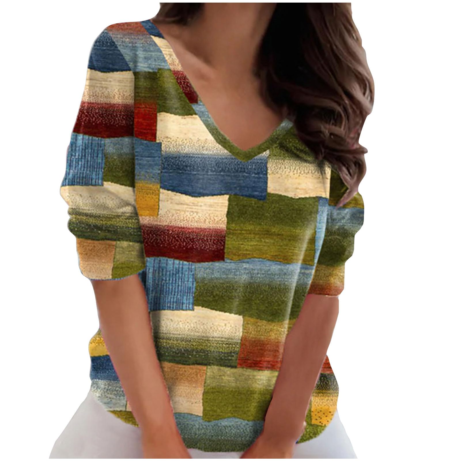 HAOLEI Camiseta Mujer Manga Larga,Ocio Camiseta Mujer Manga 3/4 Tops de Cuello en Pico Blusa Elegante y Cómoda Corte Suelto Tops de Moda Impresión Casual de Trabajo Blusas para Primavera Verano