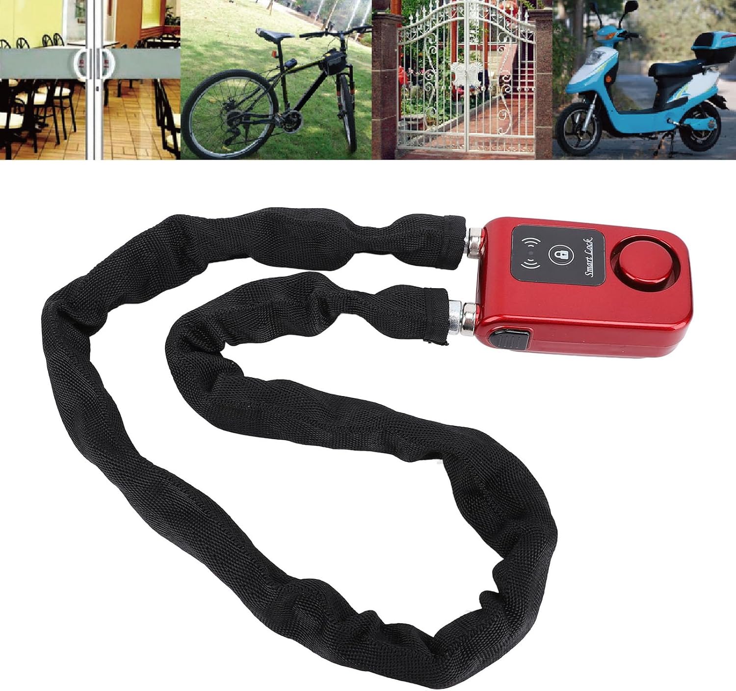 Blue Tooth Chain Lock, APP Control Bike Lock with Vibration Alarm Function, Keyless Lock, Anti Theft, Smart Chain Lock for Bike, Motorcycle, Door & Gate (Red)