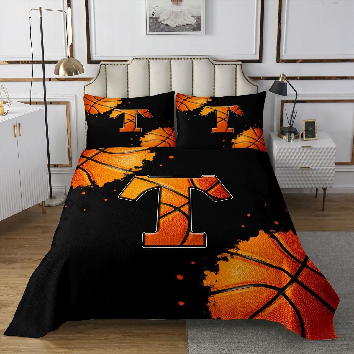jejeloiu Basketball Initials T Bedspread 3 Pieces Queen Size Sports Ball Games Coverlet Set Soft Cozy Alphabet Letter Lightweight Quilted Coverlet for All Season with 2 Pillowcases