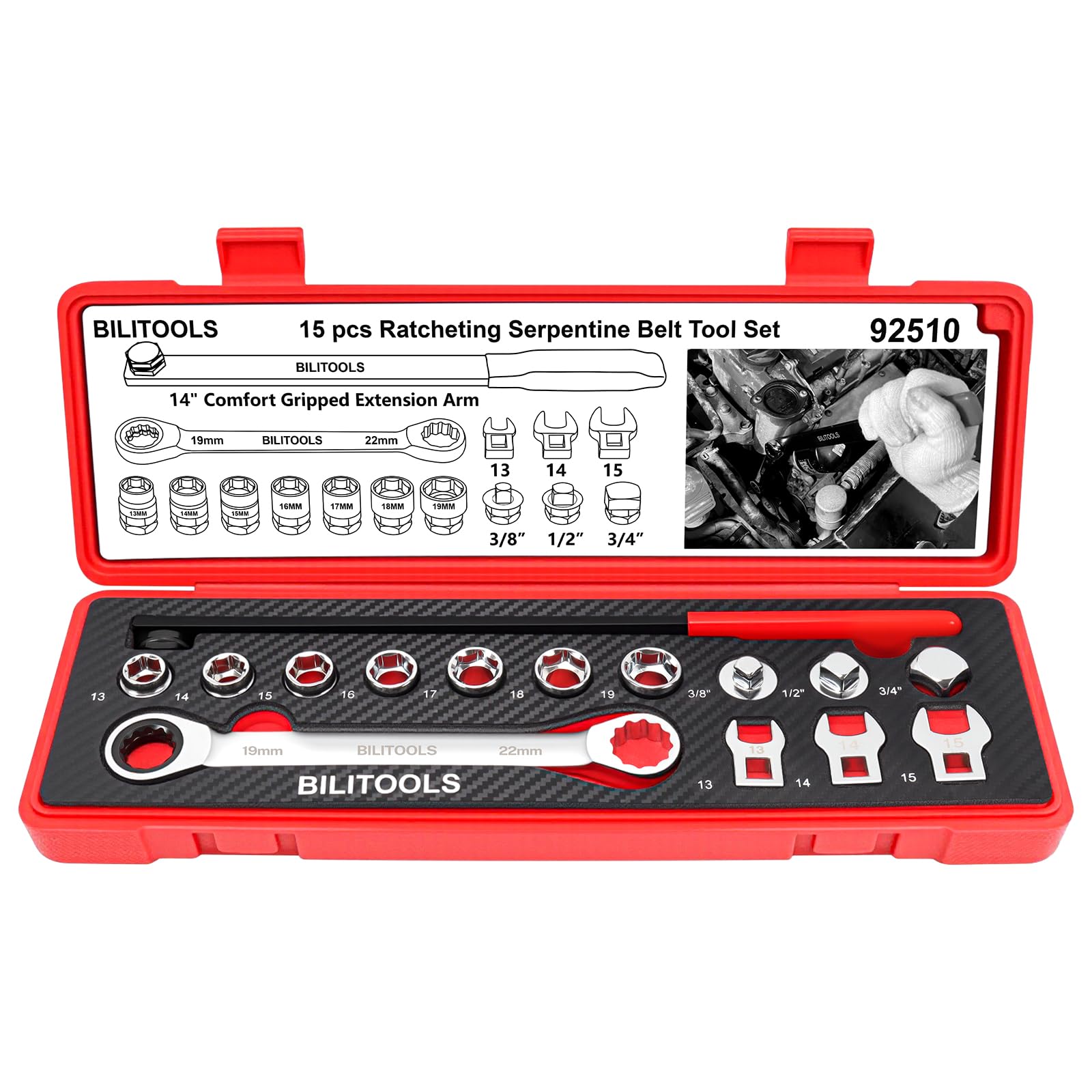 BILITOOLS 15-Piece Universal Serpentine Belt Tool Set, Ratcheting Serpentine Belt Tensioner Tool Kit