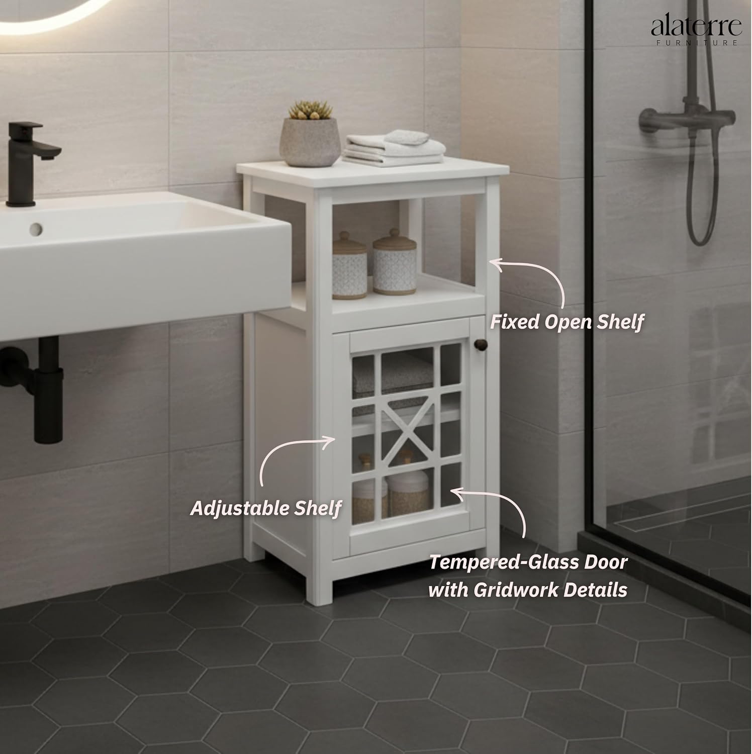 Alaterre Furniture Derby Deluxe Bathroom Storage Cabinet – 17” Narrow Freestanding Floor Cabinet with Tempered Glass Doors & Adjustable Shelves – Slim Space-Saving Organizer for Small Bathroom (White)