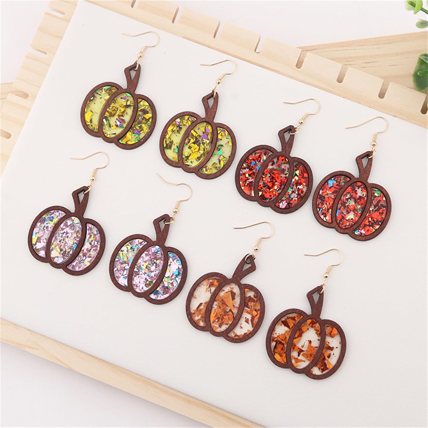 Dreuyet Pumpkin Wooden Dangle Earrings for Women Lightweight Handmade Pumpkin Earrings Glitter Halloween Fall Thanksgiving Drop Earring Holiday Jewelry Gifts - Image 5