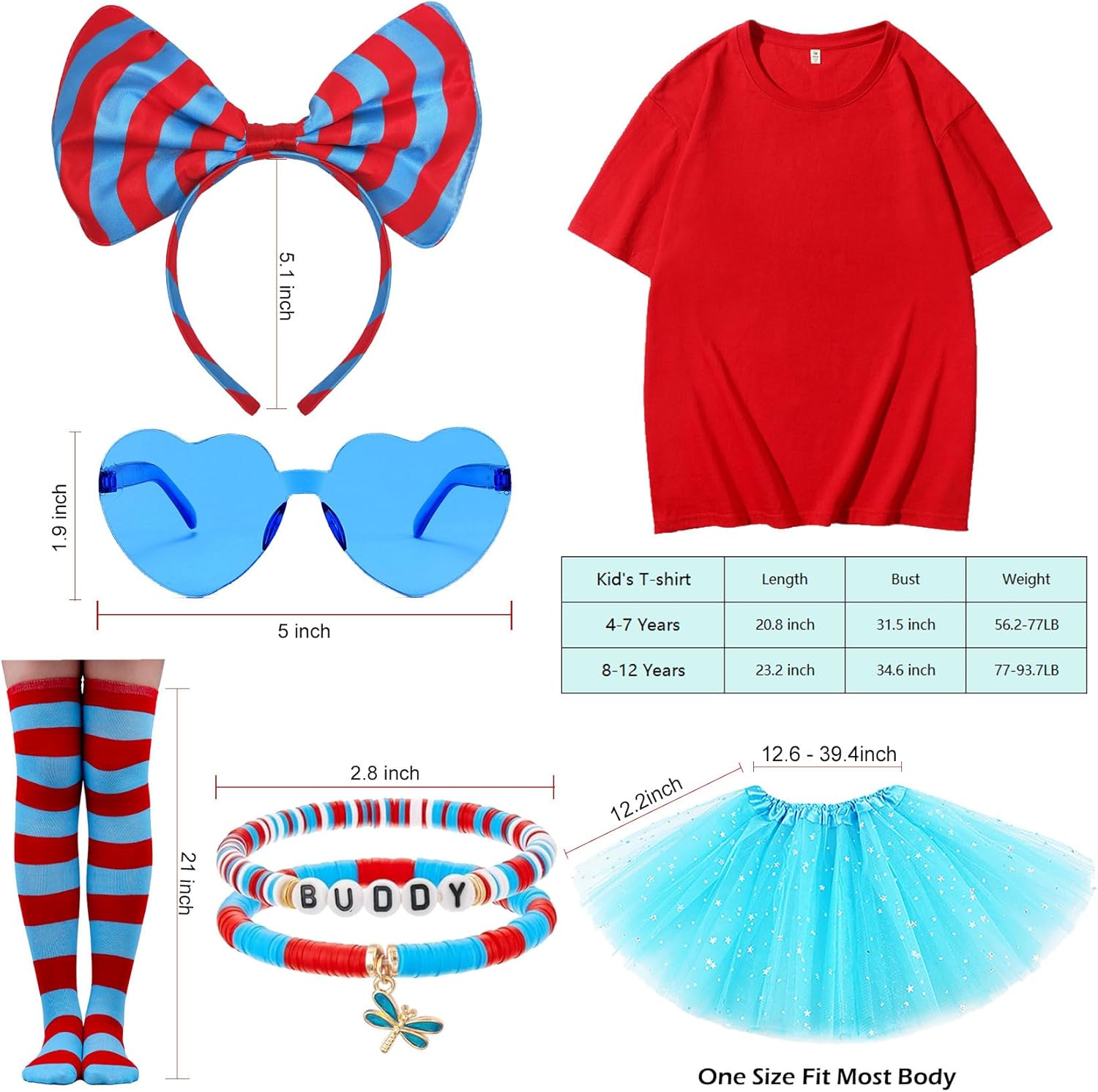 Women Tutu Costume Set, 6PCS Tulle Skirt T-shirt Headband Sunglasses Gloves Socks Party Cosplay Outfits - Image 3