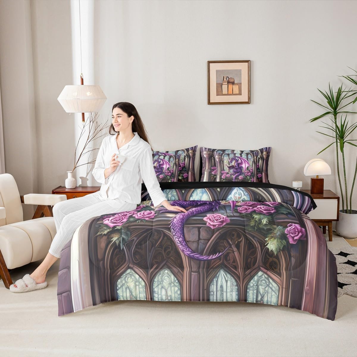 7 Pcs Western Dragon Kids Comforter Queen,Gothic Animal Read Book Mystery Boys Bedding Set,Magical Tale Rose Flowers Purple Romantic（Comforter+Fitted+Flat Sheet+2 Pillowcases+2 Throw Pillow Covers）