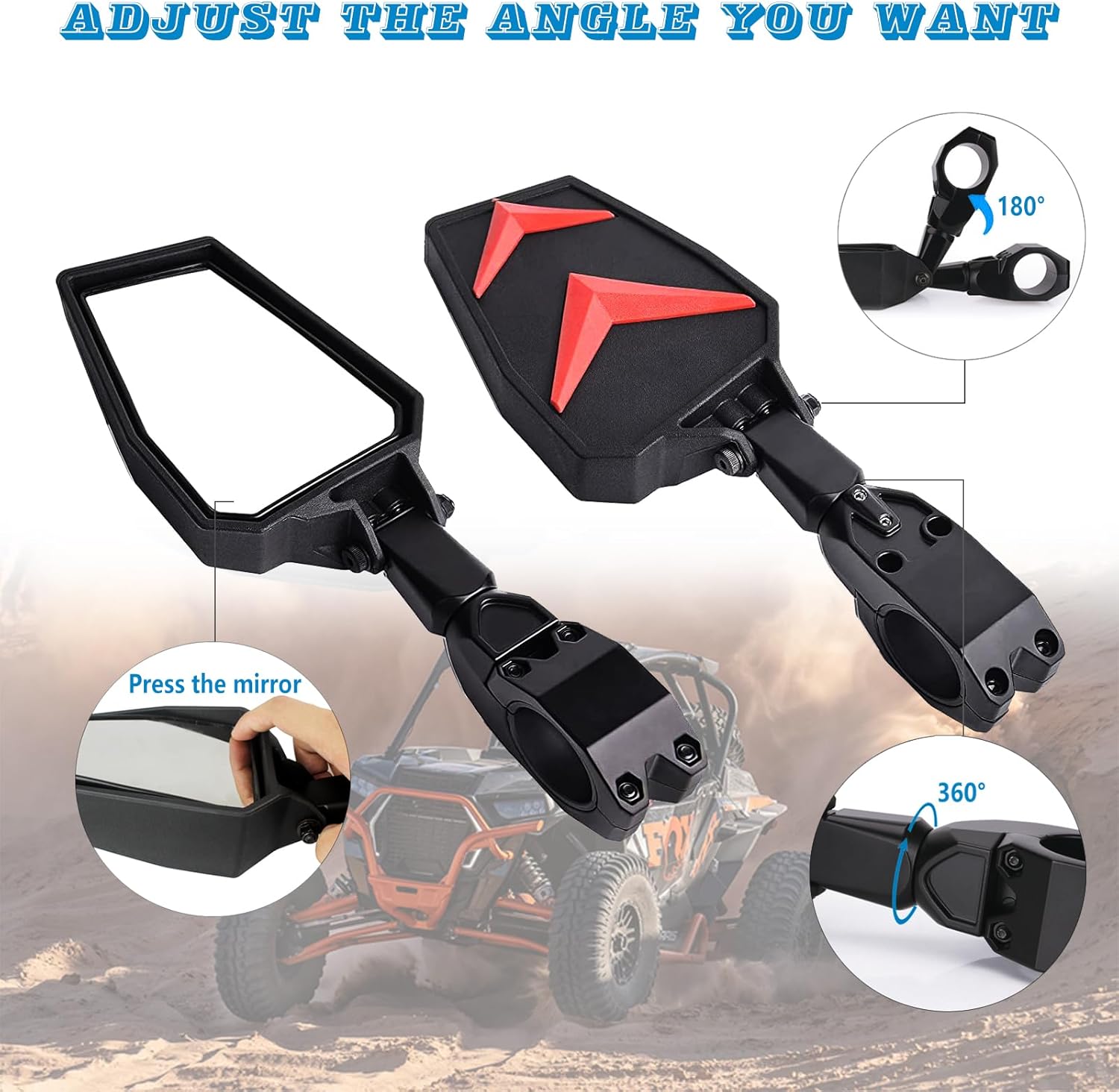 Utv Side Mirrors，UTV Mirrors Fits 1.75-2" Roll Bar Compatible With Polaris Rzr 800 900 1000 Xp Turbo Pioneer Rhino Mule Teryx W,Rear View Accessories Black Orange Blue Red,Adjustable Aluminum Clamp