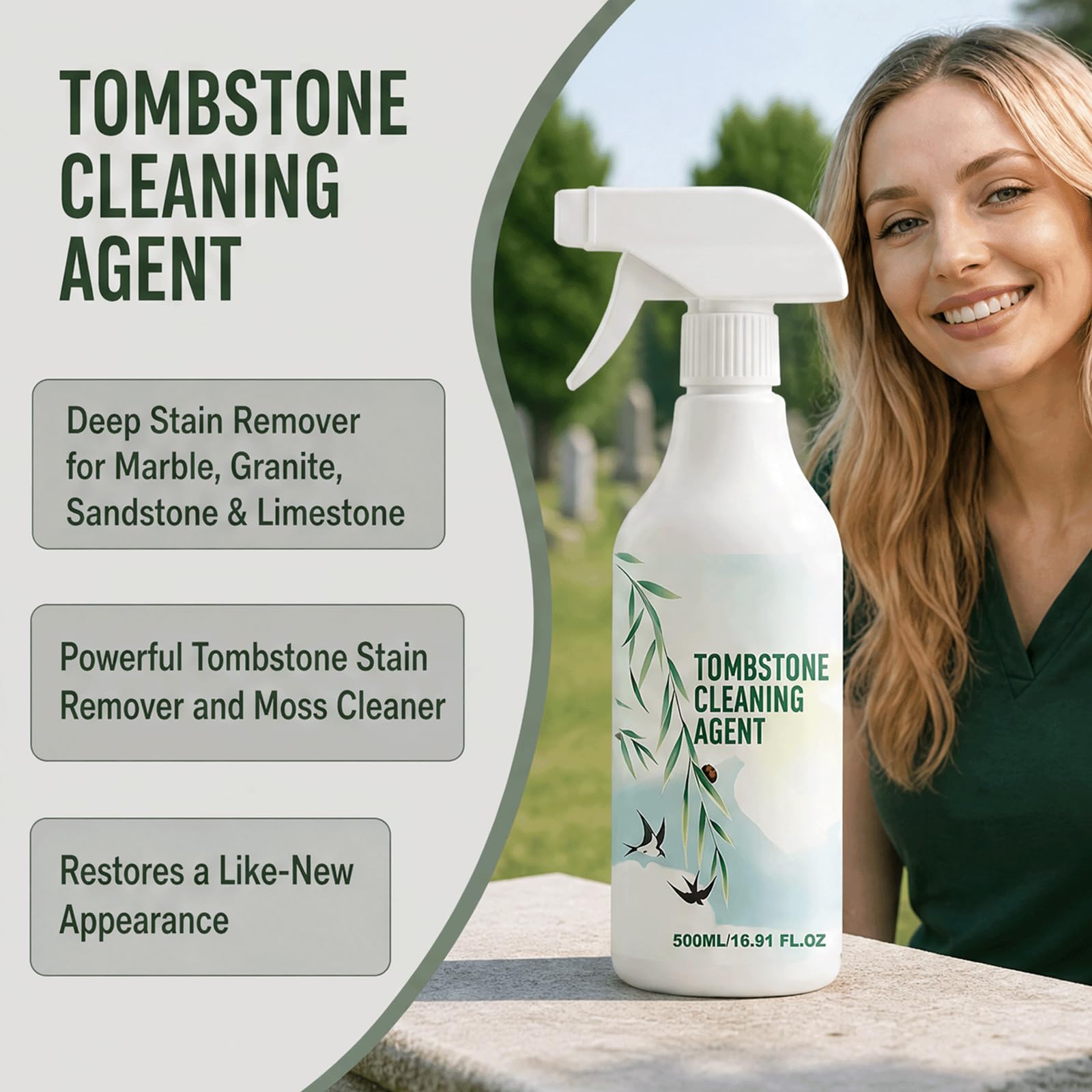 Spray de limpieza seguro y no abrasivo para lápidas y monumentos, elimina el musgo duro, la suciedad y las manchas de agua al instante, sin daños, restaura el brillo y forma una película protectora