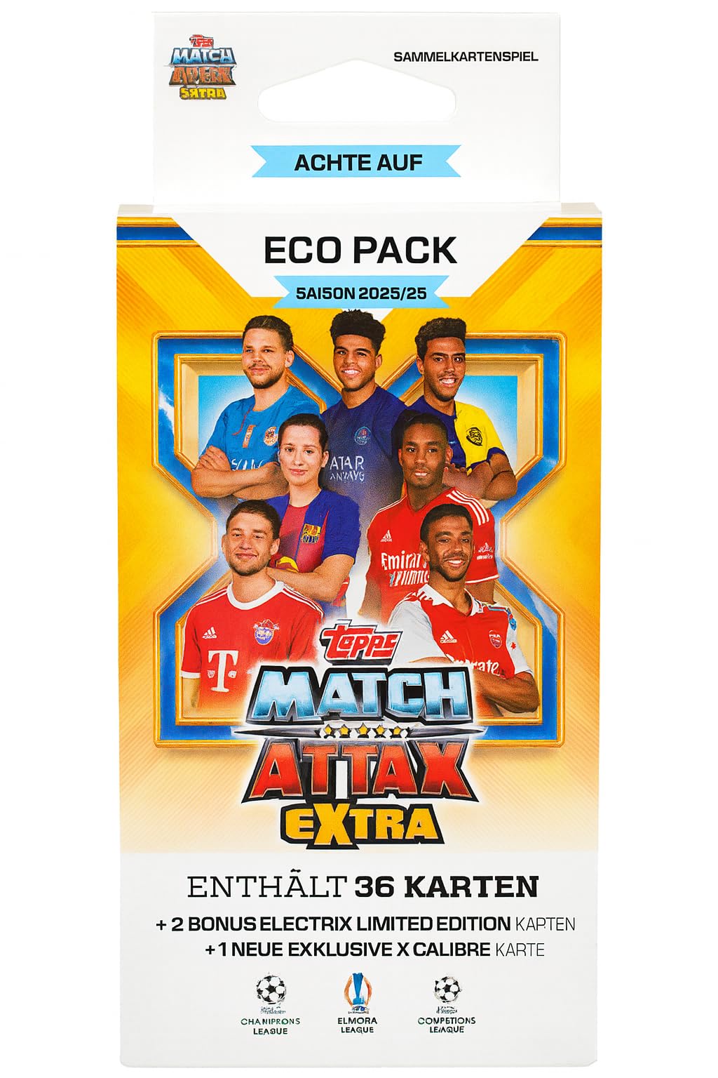 Topps Match Attax EXTRA 2025/2026 – ECO‑Pack 39 Karten 2 Electrix Limited Editions + 1 Exklusive X‑Calibre Karte UEFA Champions League Trading Cards