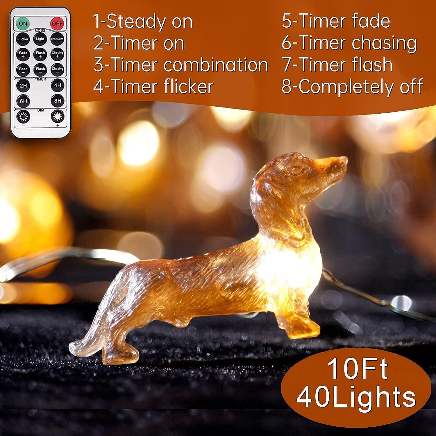 Dachshund Dog String Lights, 10 Ft 30 LEDs Battery Operated & USB Powered Fairy Lights with Remote, Pets Theme Decoration for Indoor Wedding Birthday Party Christmas St. Patrick Decor - Image 3