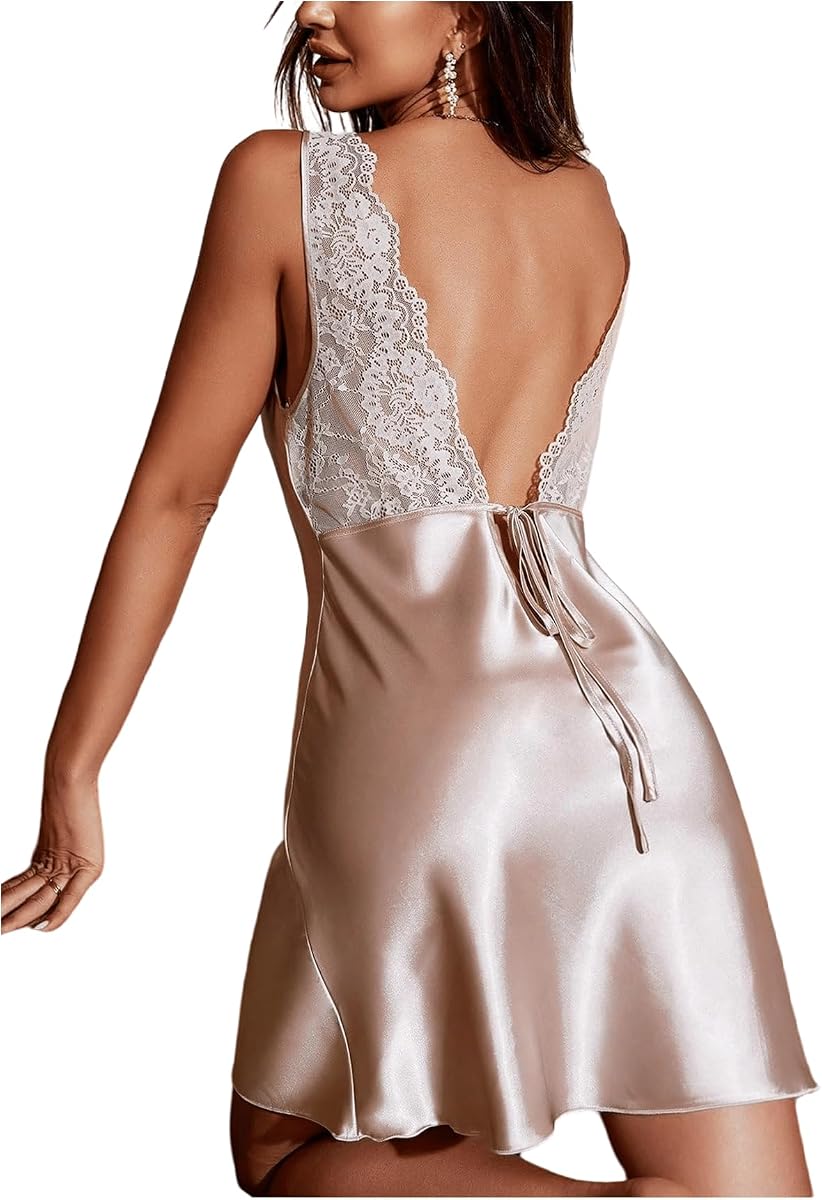 WDIRARA Women's Satin Lace Slip Dress Lingerie Backless Chemise Nightgowns Draped Neck Nightdress