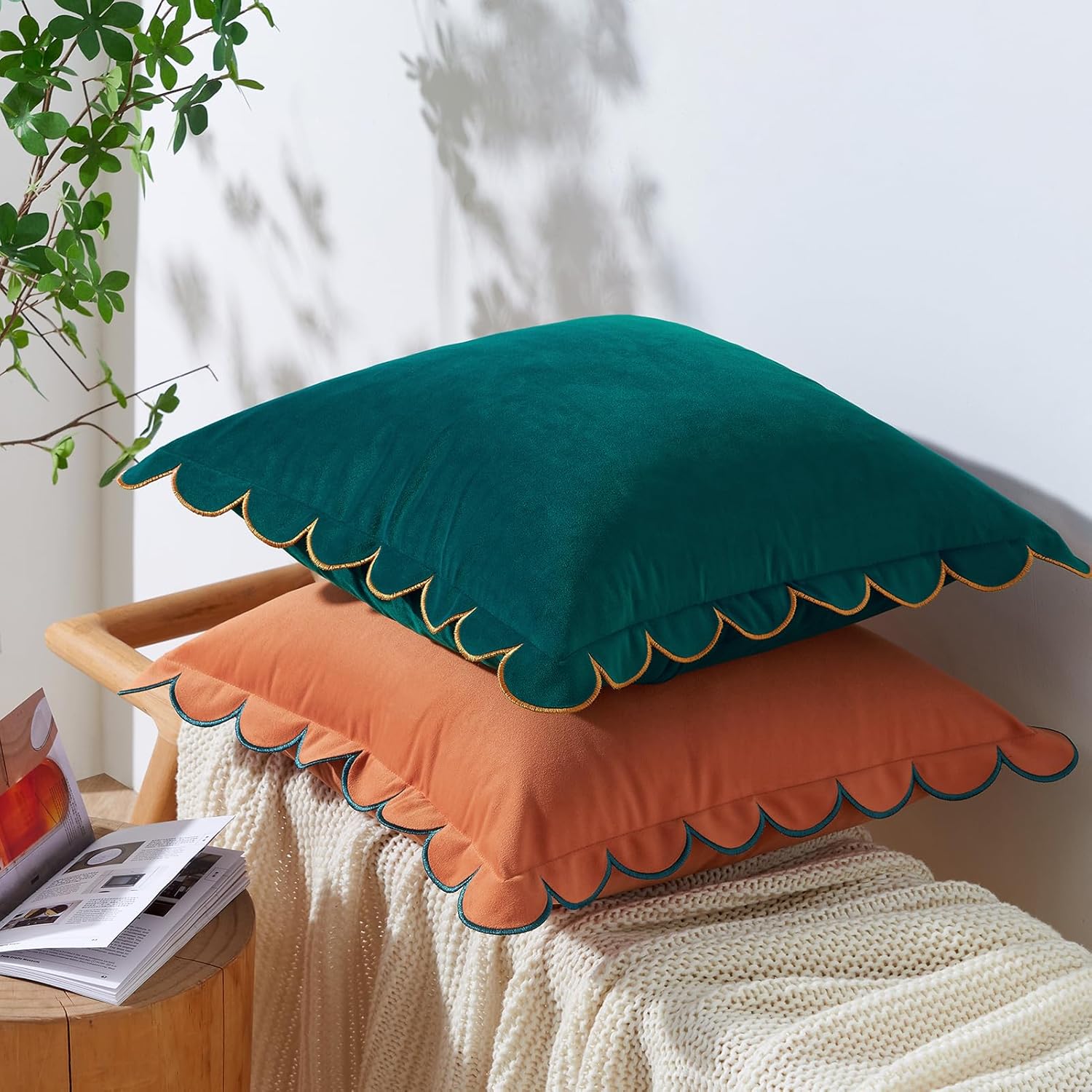 MONDAY MOOSE Decorative Throw Pillow Covers Cushion Cases, Set of 2 Soft Velvet Scalloped Round Edge Designs, Mix and Match for Home Decor, Pillow Inserts Not Included (20x20 inch, Coral/Dark Teal)