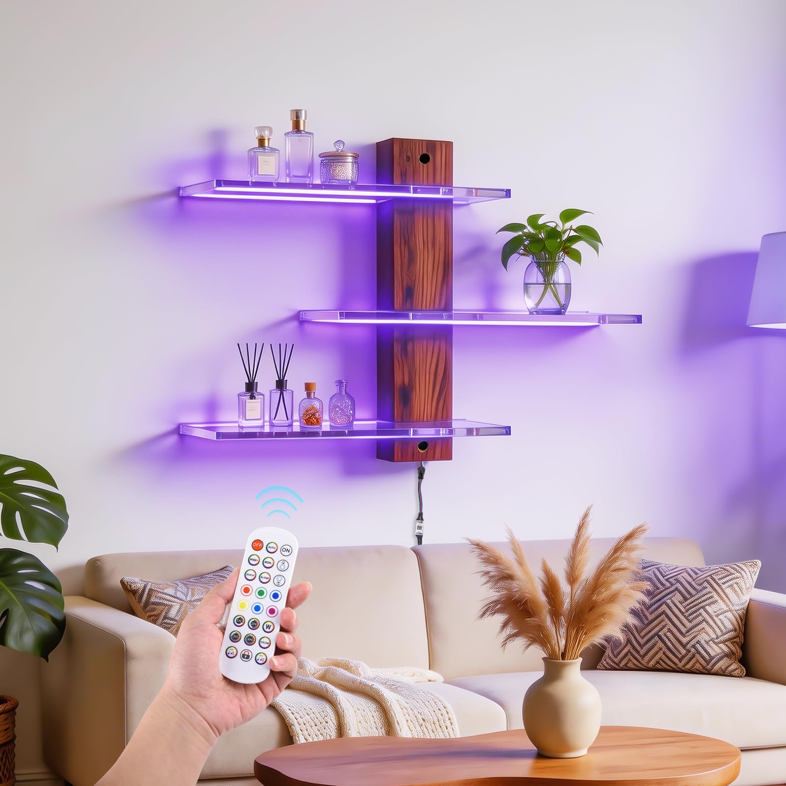 3-stöckiges Acryl-Wandregal mit RGB-Lichtern, LED-Vitrine für Sammlerstücke, Puppen, Bausteine, Parfums, kleine Pflanzen