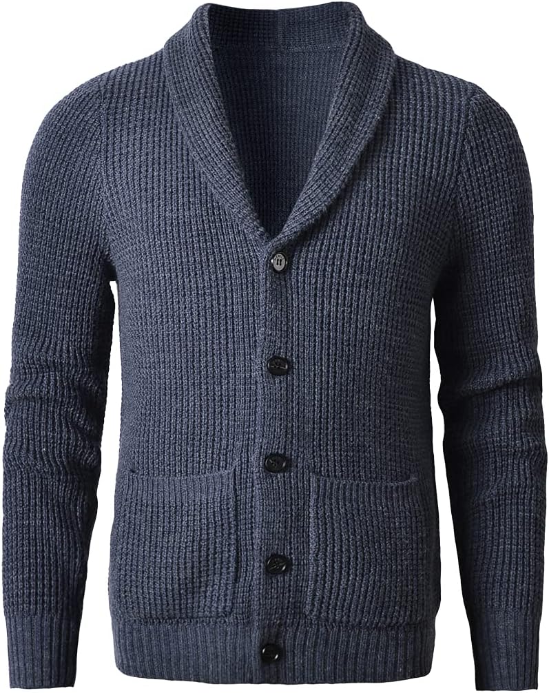 ZHILI Men's Shawl Collar Cardigan Sweater Slim Fit Cable Knit Button up Merino Wool Sweater