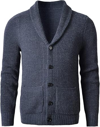 ZHILI Mens Shawl Collar Cardigan Sweater Slim Fit Cable Knit Button up Merino Wool Sweater