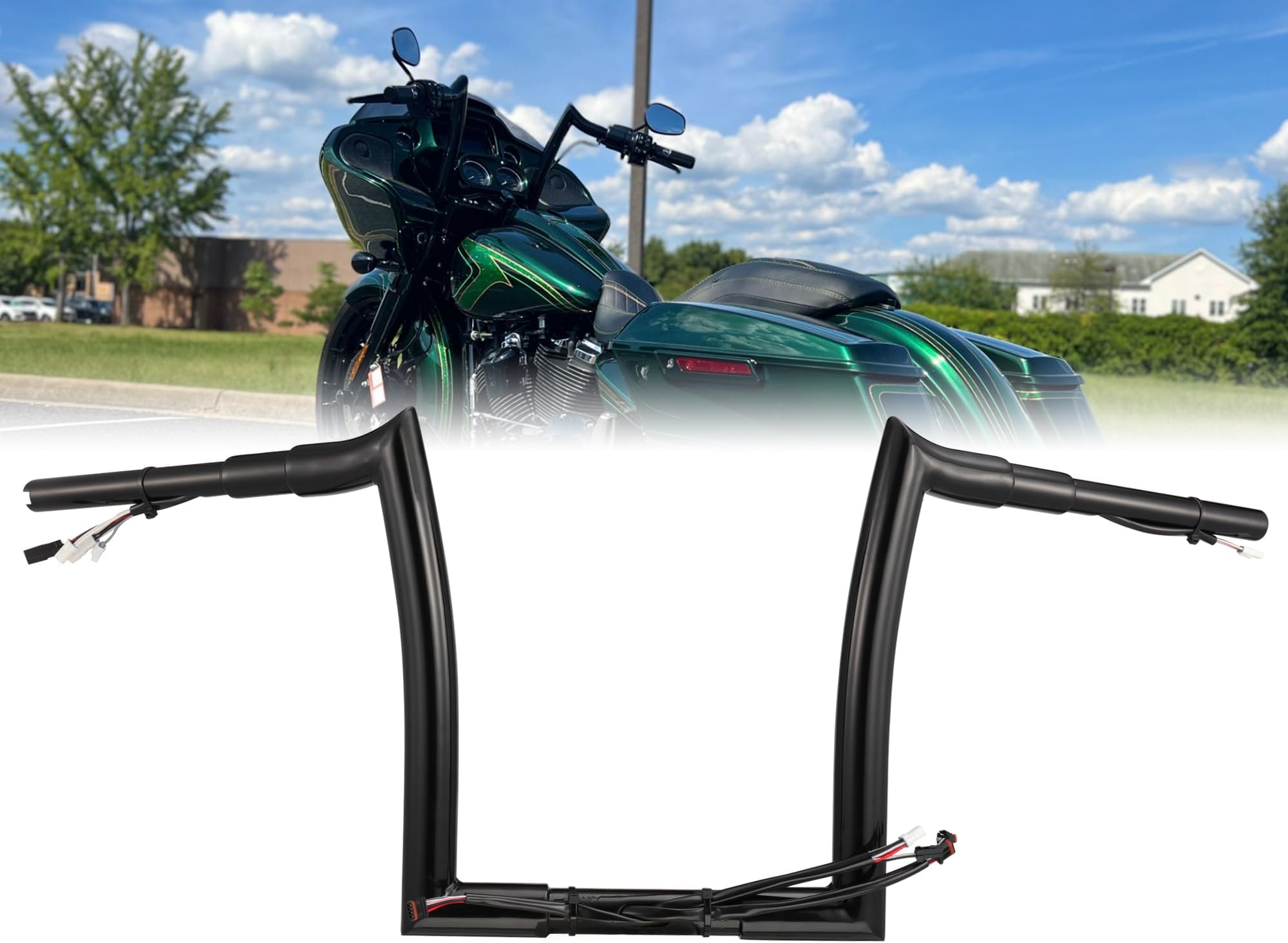 Black PREWIRED 1.5" Fat Ape Hanger Handlebar 16" Rise Compatible With Harley Road Glide & Road Glide Special & Road Glide Ultra