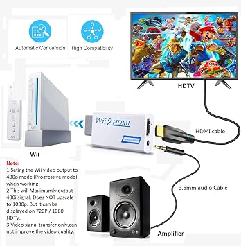 Alife Wii - HDMI Dönüştürücü, Wii2 - HDMI HD Video Ses Çıkışı için 3,5 mm Ses Jakı, Tüm Wii Ekran Modlarını Destekler 1080P 720P, Wii, Wii U, HDTV, Monitör, NTSC