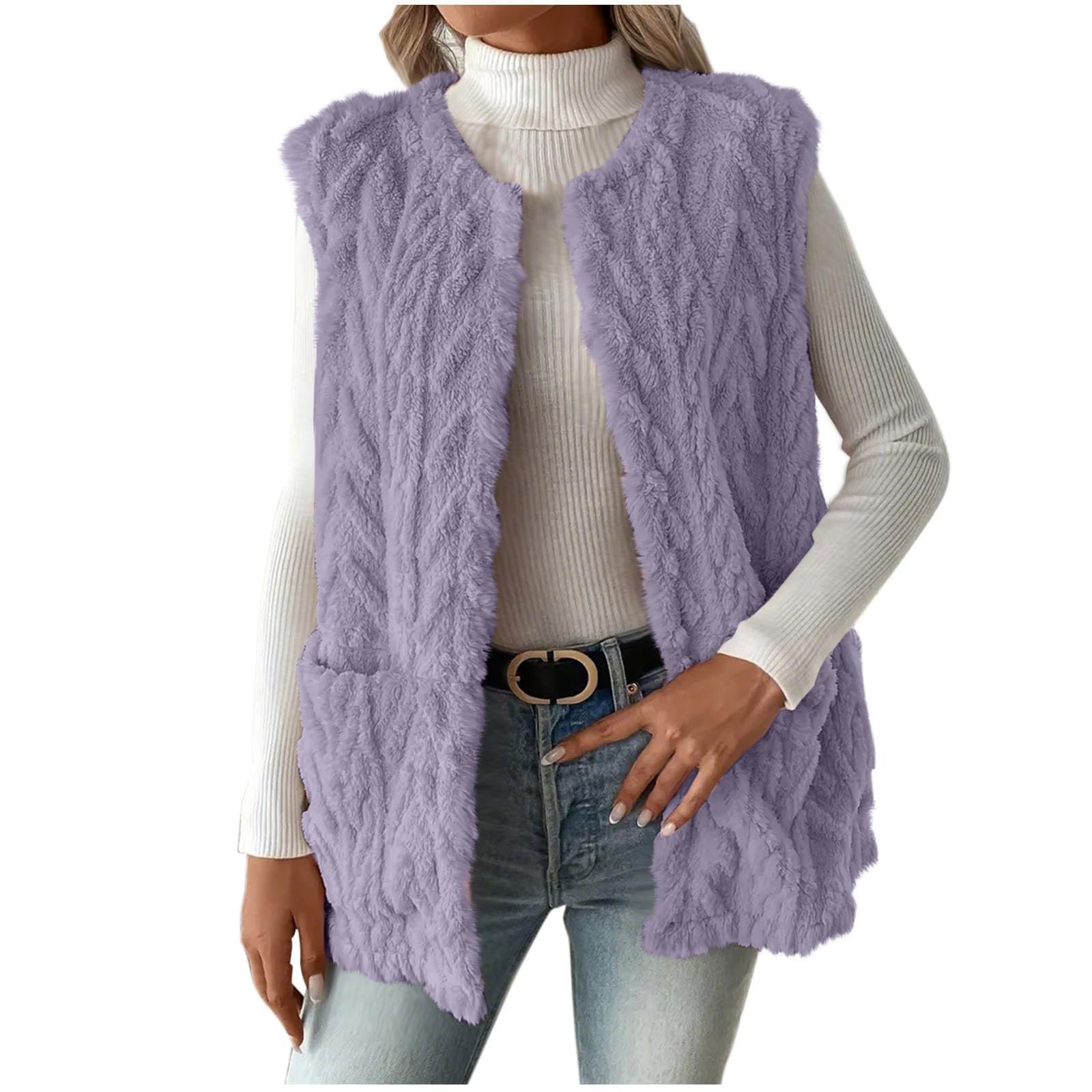Vest For Women Fleece Sleeveless Open Front Jackets Casual Crew Neck Cable Knit Vest Open Front Winter Outfits