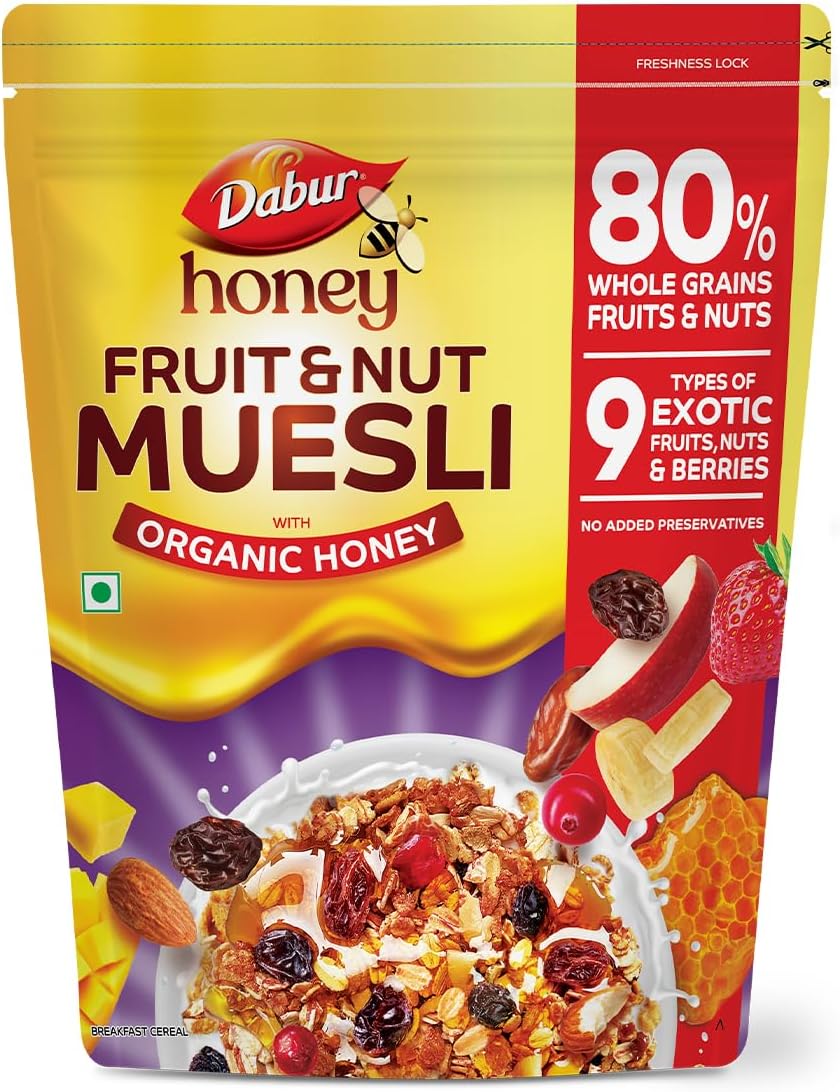 Dabur Honey Fruit & Nut Muesli with Organic Honey - 750g | With Exotic Fruits, Nuts & Berries | No Aritificial Flavours, Preservatives & Colors