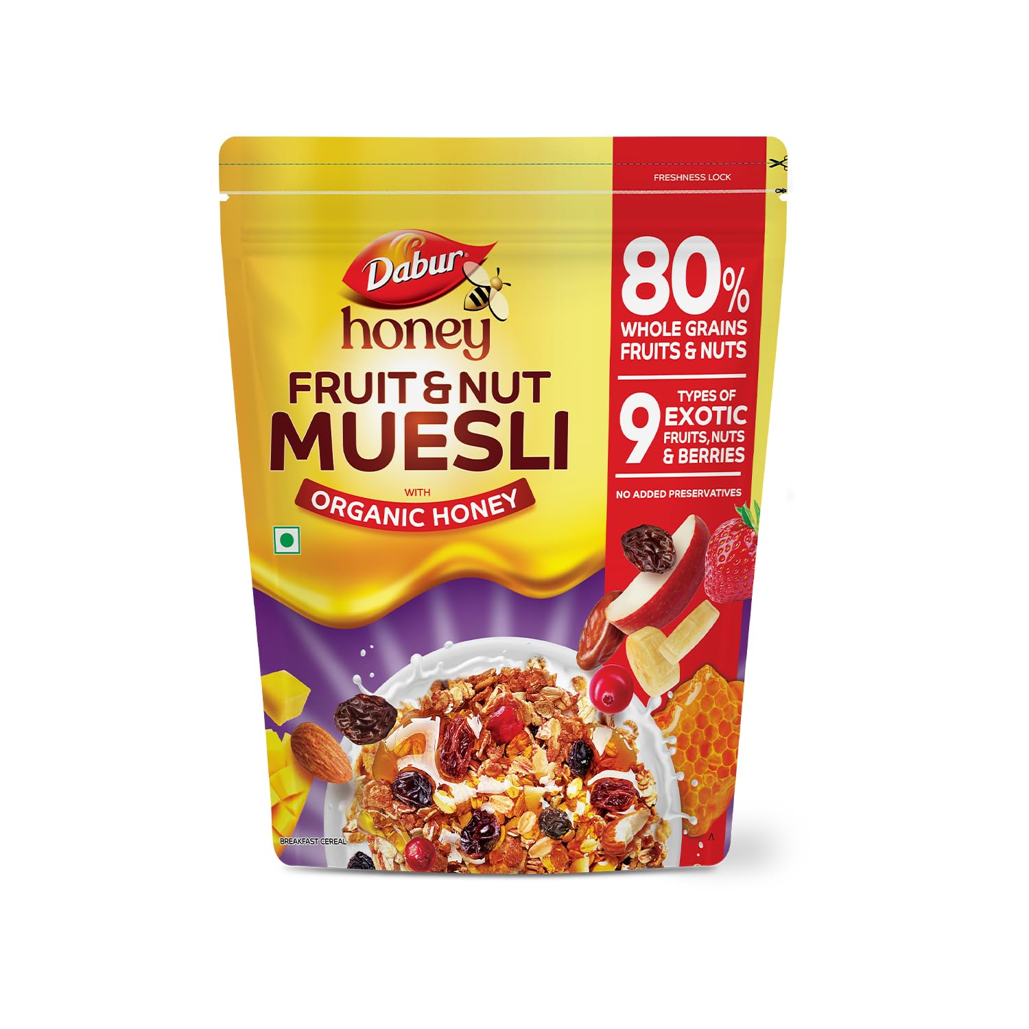 Dabur Honey Fruit & Nut Muesli with Organic Honey - 750g | With Exotic Fruits, Nuts & Berries | No Aritificial Flavours, Preservatives & Colors
