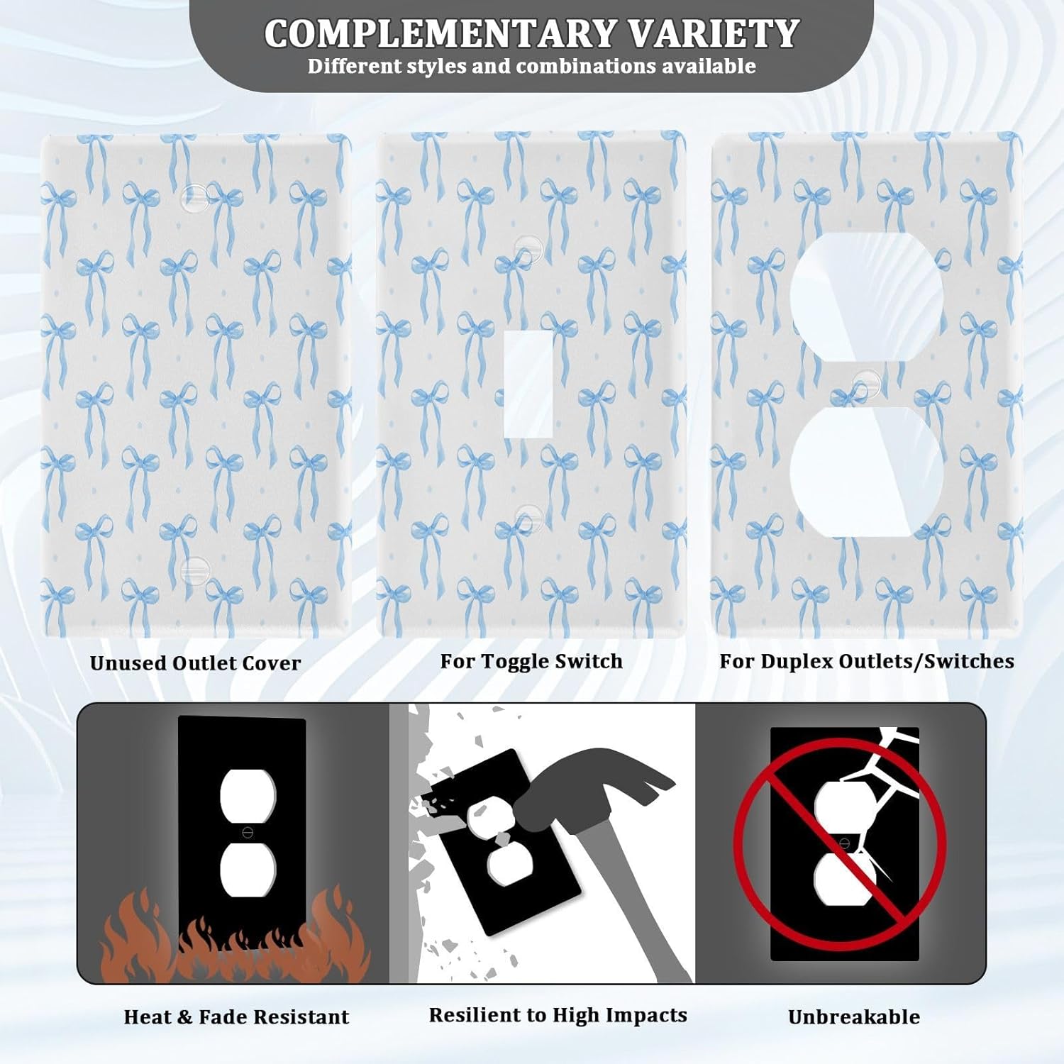 Blueangle Blue Ribbon Bow Duplex Outlets Wall Plate, Standard Size 1-Gang Electrical Outlet Cover Plates for Home Office Bedroom Decorator 4.53 x 2.76 Inch