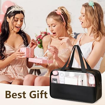 MOXYOY Clear Travel Toiletry Bag,Portable Makeup Bag Cosmetic Wash Bags,with Zippers Travel Essentials,PVC+PU Hanging Transparent Waterproof Bag,Vacation Bathroom Organizer,for Women and Men (Black)