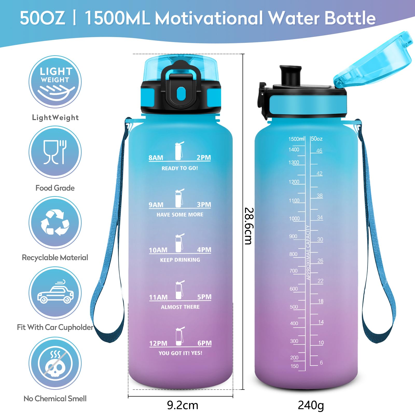 KollyKolla Borraccia 1.5L, Bottiglia Acqua Riutilizzabile, Senza BPA, A Prova di Perdite, Borraccia Sport per Fitness, Adulti, Ufficio, Yoga