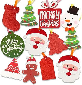 SULOLI Christmas Gift Tags, 100 Pieces Colorful Xmas Kraft Paper Tags Hanging Labels with Organza Strings for Xmas Gift Decorations Assorted 10 Styles