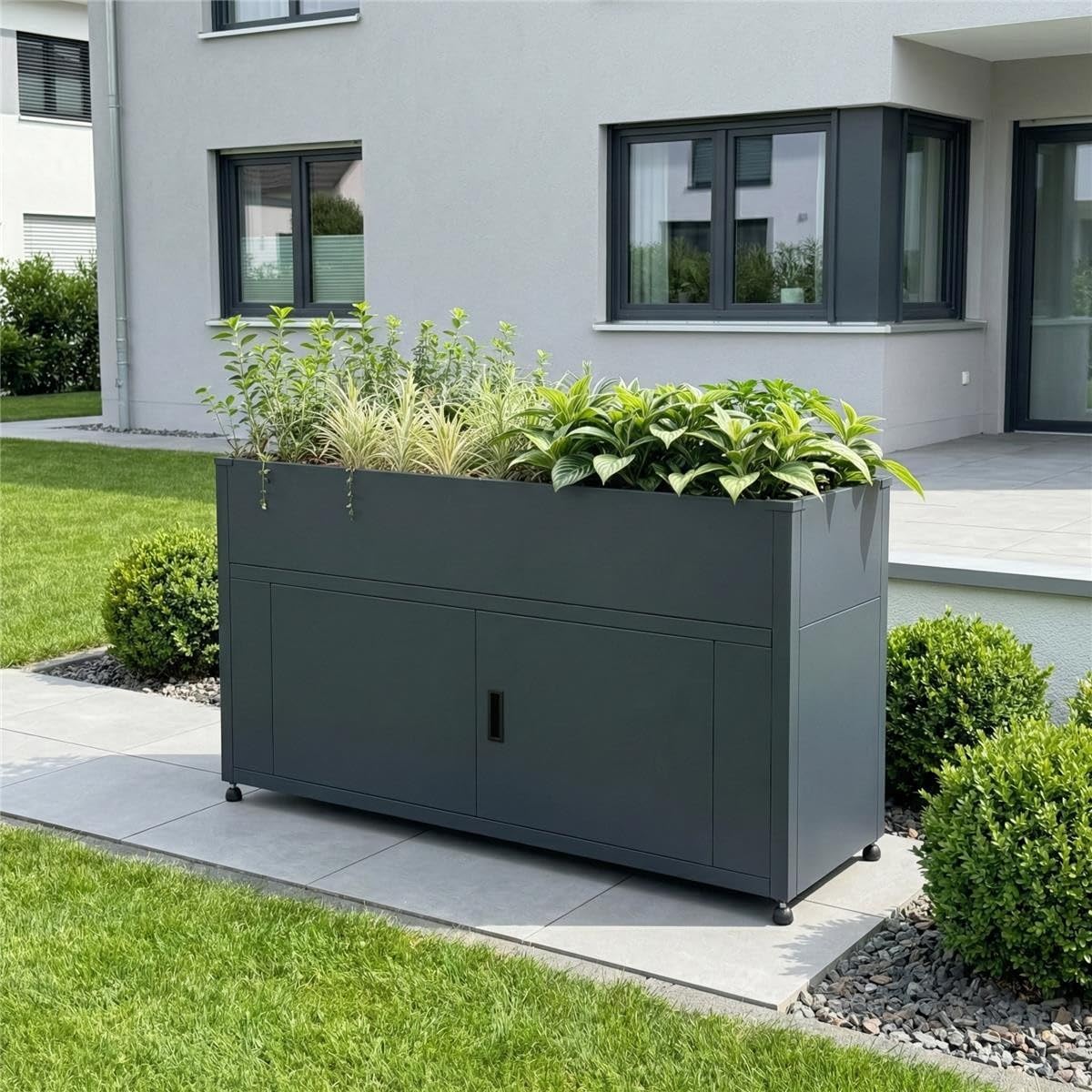 Metzler Hochbeet für den Garten mit Stauraum – Pulverbeschichteter Stahl in Anthrazit RAL 7016 | Witterungsbeständiges Metall-Gartenbeet, Pflanzenbeet, Blumenhochbeet | 160 x 85 x 50 cm