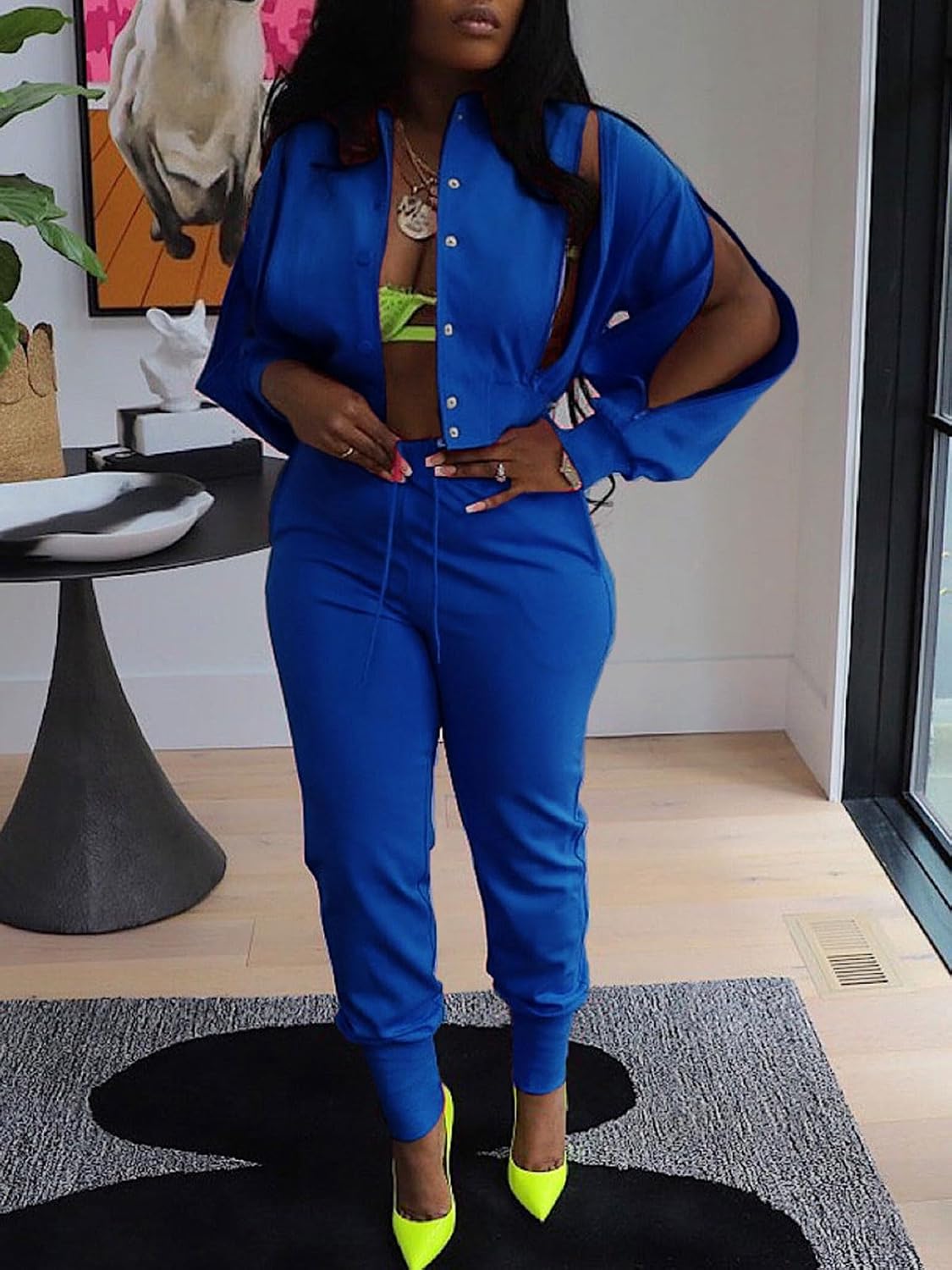 Akmipoem Sweatsuits for women Set 2 Piece Jogger Outfits Zipper Split Long Sleeve Button Down Crop Top and Pants Tracksuit - Image 2