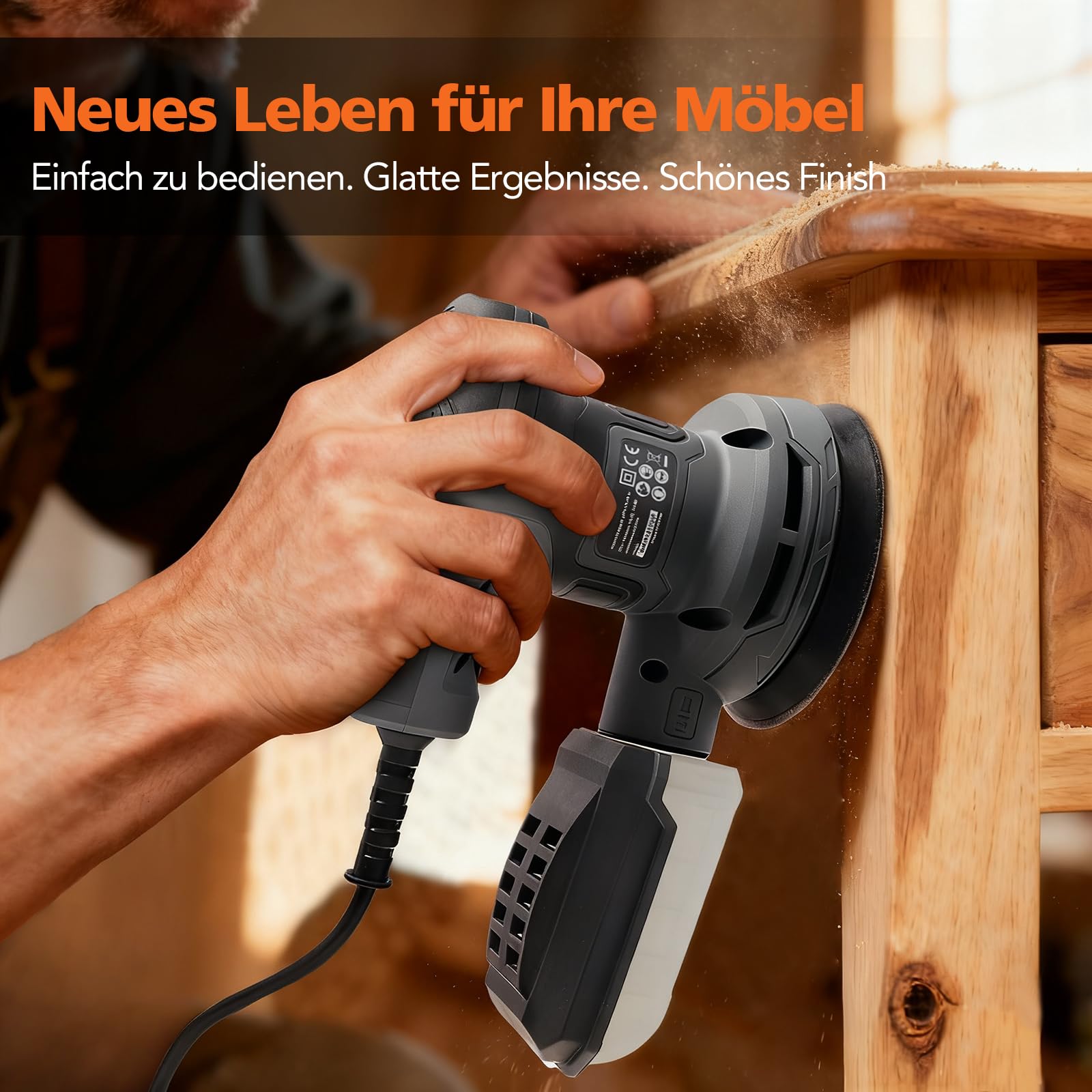 320W Exzenterschleifer, 6-stufige Drehzahlregelung (8000–13000 U/min), 16 Schleifpapiere, 125mm Schleifteller, Mini Schleifmaschine für Holz, Elektrischer Schwingschleifer