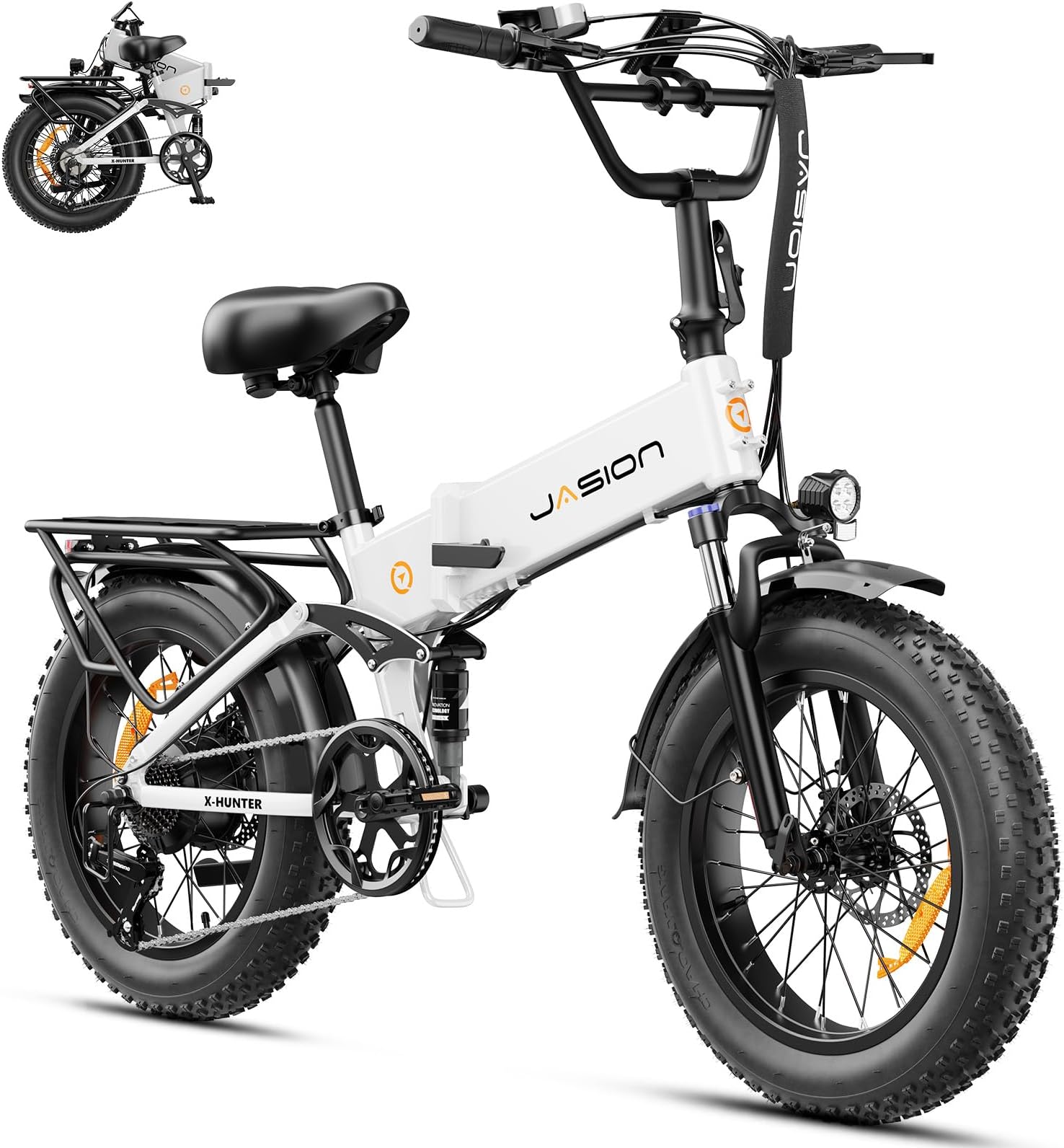 Jasion X-Hunter Foldable Electric Bike, 1400W Peak Motor, 70+ Miles 30MPH EBike, 624WH Removable Battery, 20''*4 Fat Tire, Full Suspension Bicycle for Commute,Snow, Mountain, 7-speed E-bike for Adults