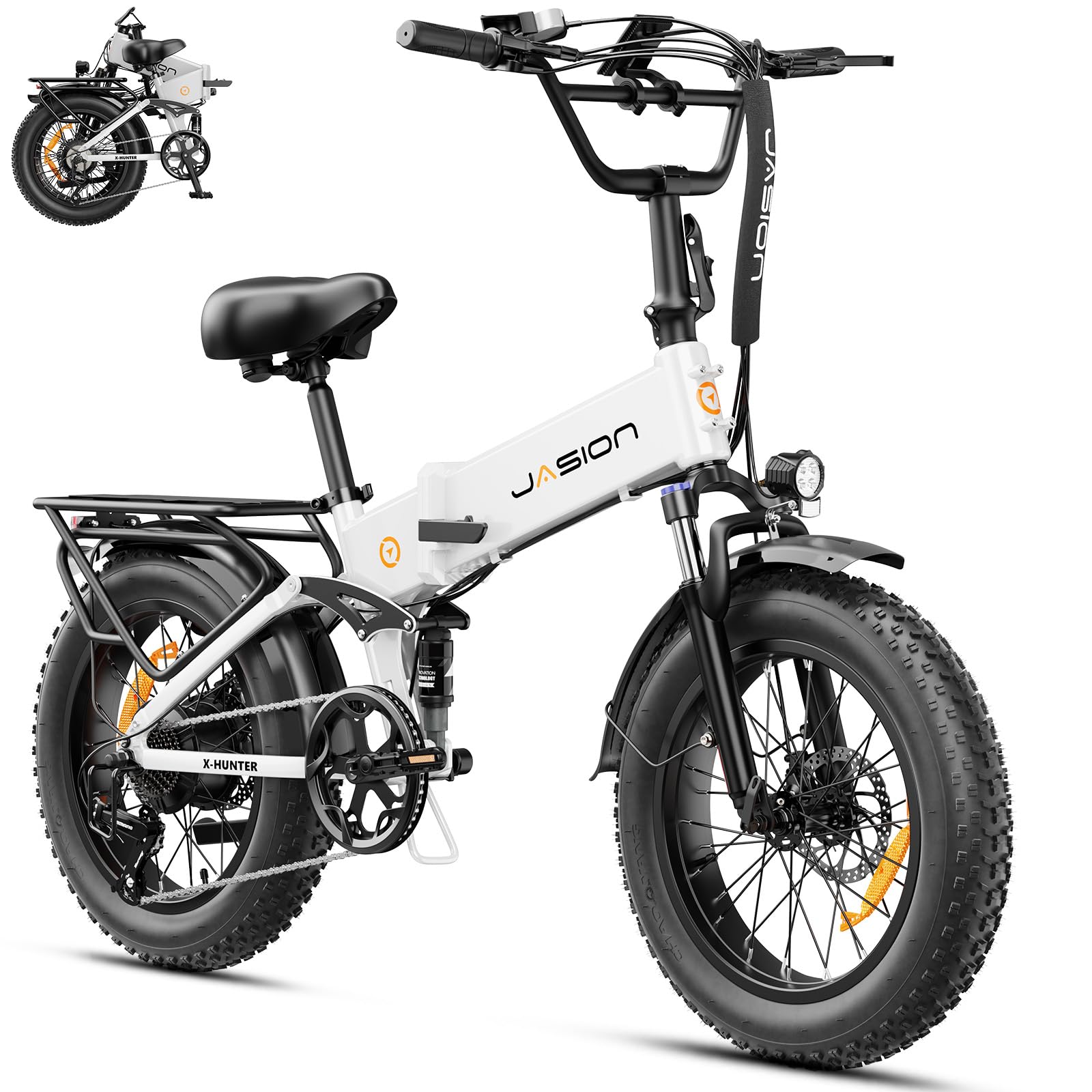 Jasion X-Hunter Electric Bike for Adults,1400W Peak Motor 30MPH Max Speed,48V 13AH Removable Battery, Full Suspension System Design,20''*4.0 Fat Tire Foldable Ebike 7-Speed Bicycles